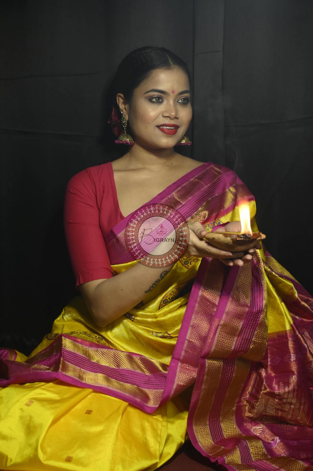 "Odisha Handloom Tissue Silk Saree with shimmering texture, elegant zari border, and lightweight drape, handcrafted by artisans"