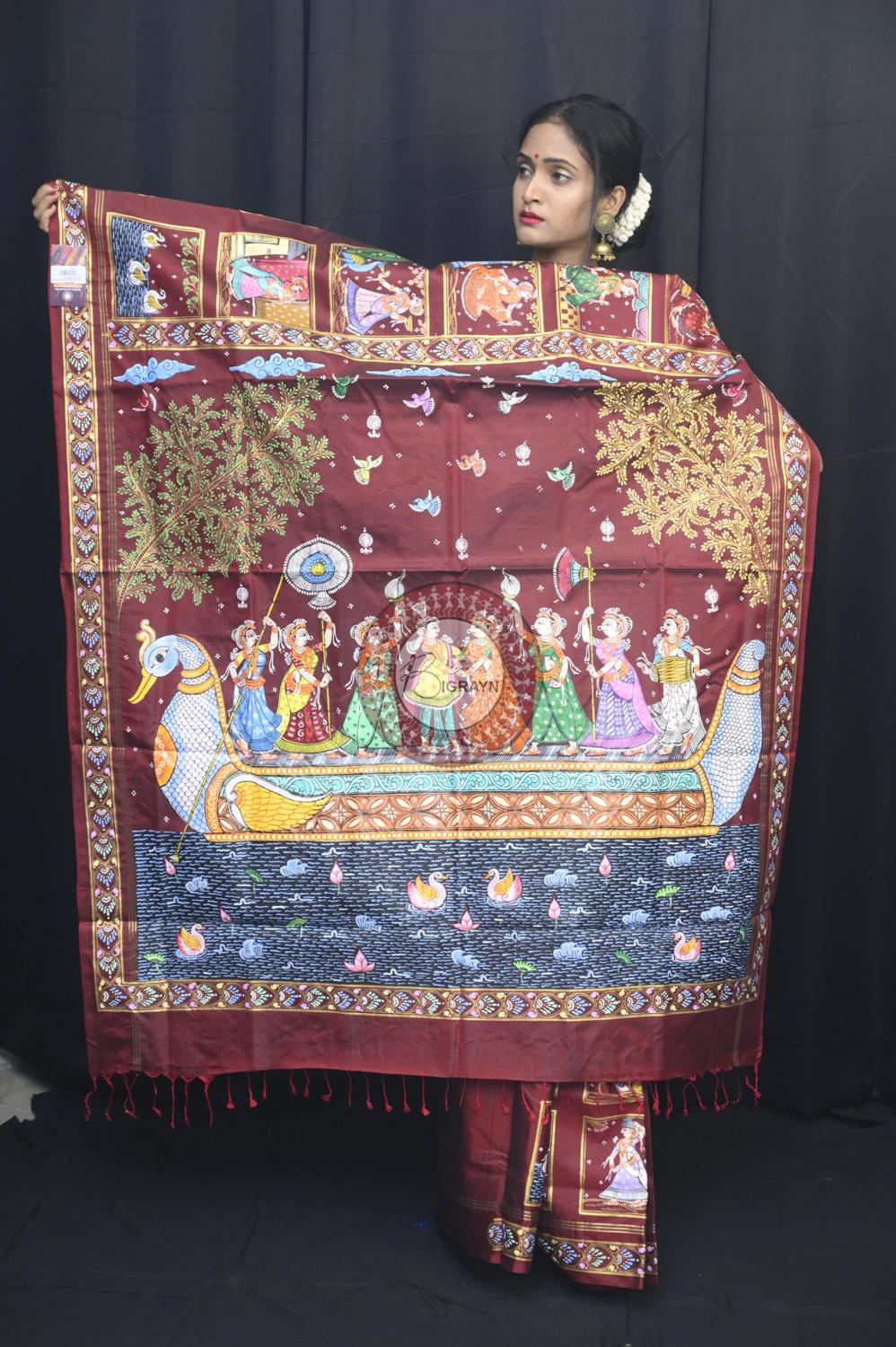 Maroon Small Box Boita Bandana Pattachitra Silk Saree