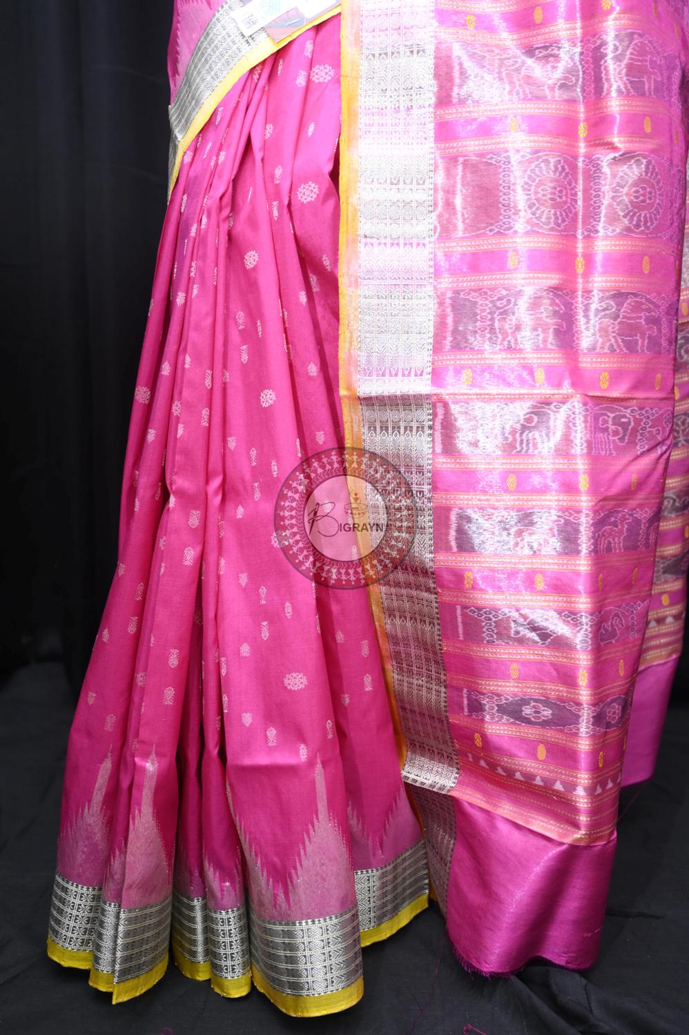 "Odisha Handloom Tissue Silk Saree with shimmering texture, elegant zari border, and lightweight drape, handcrafted by artisans"