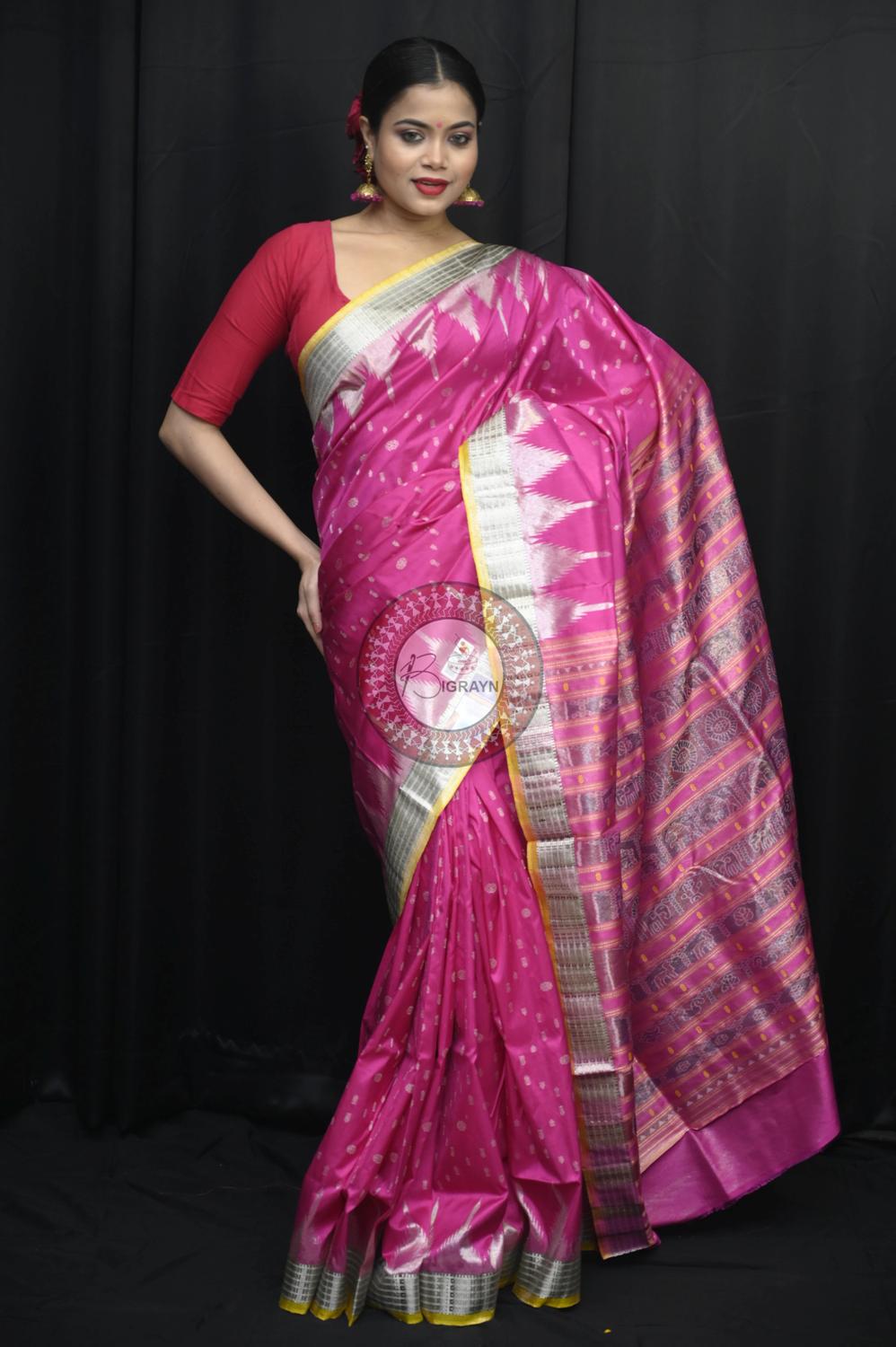 "Odisha Handloom Tissue Silk Saree with shimmering texture, elegant zari border, and lightweight drape, handcrafted by artisans"