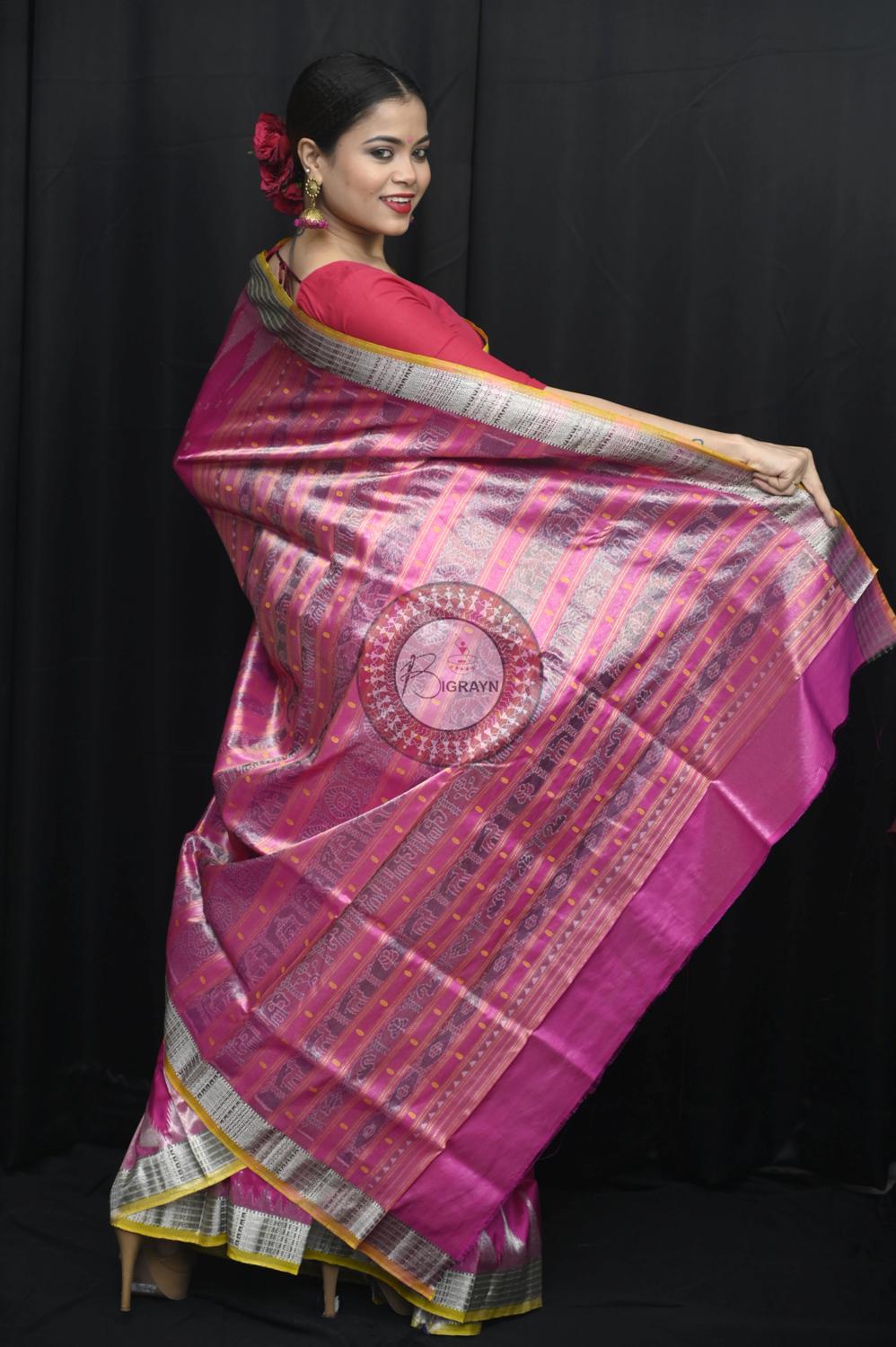 "Odisha Handloom Tissue Silk Saree with shimmering texture, elegant zari border, and lightweight drape, handcrafted by artisans"