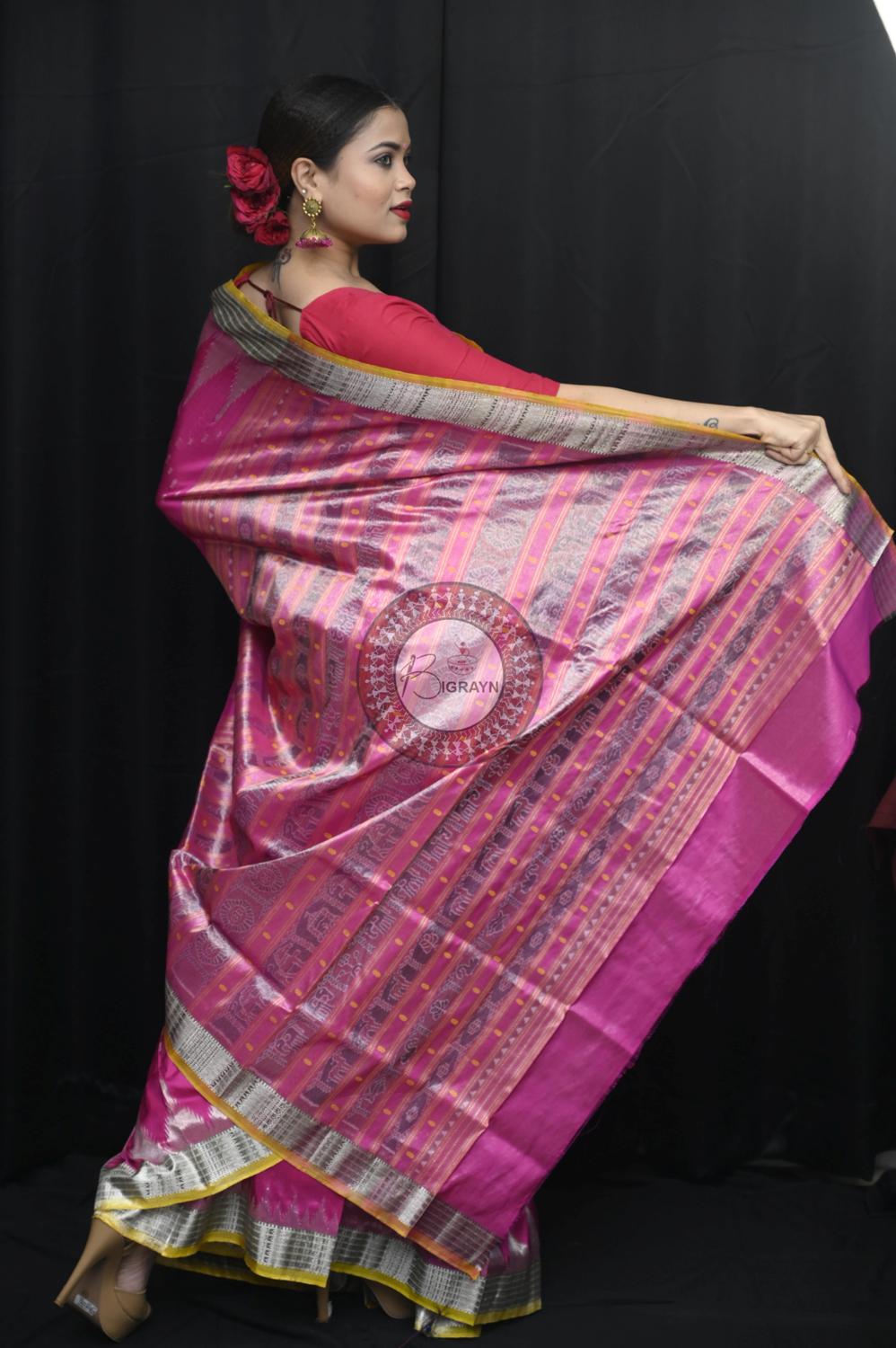 "Odisha Handloom Tissue Silk Saree with shimmering texture, elegant zari border, and lightweight drape, handcrafted by artisans"