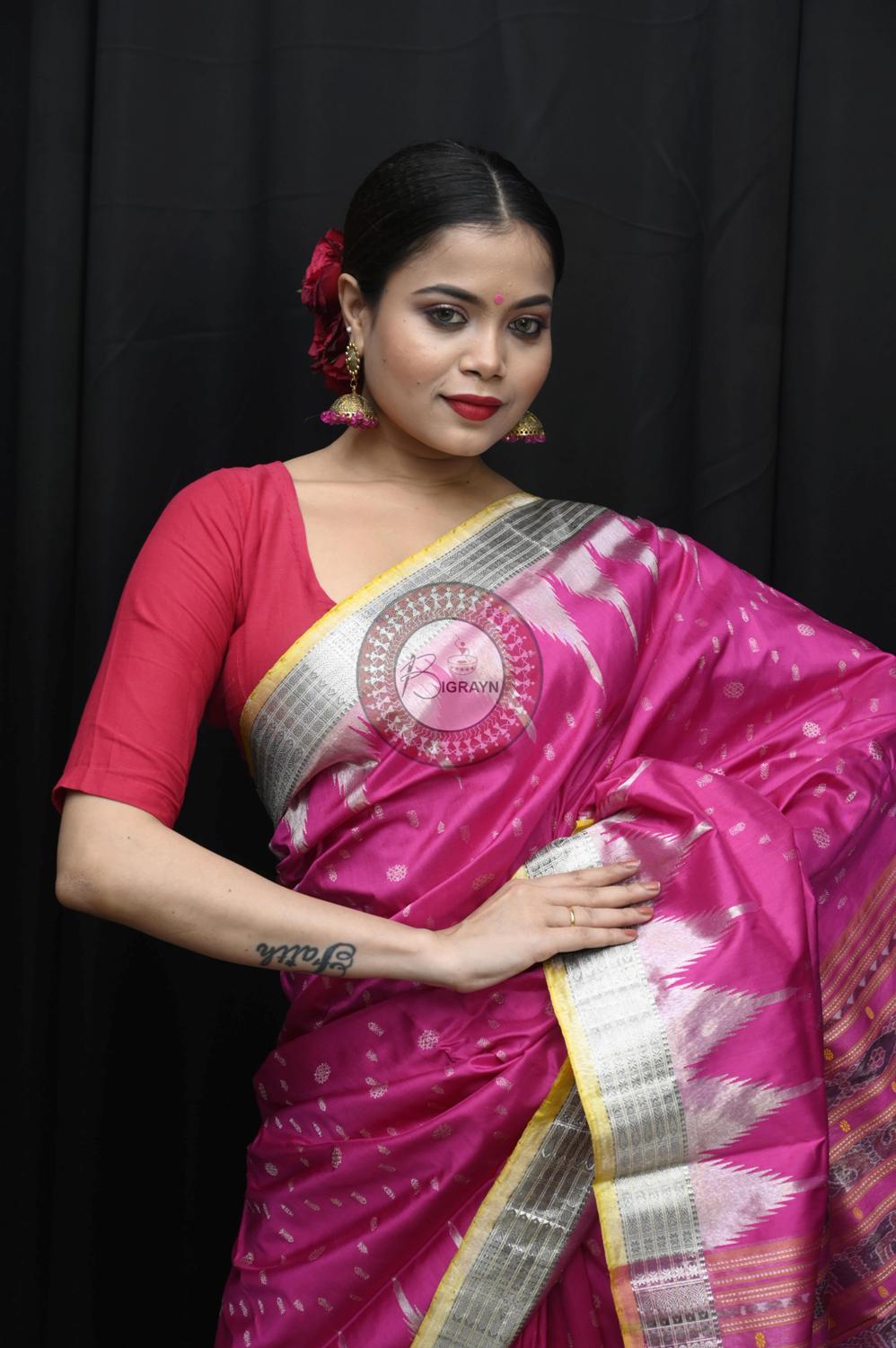 "Odisha Handloom Tissue Silk Saree with shimmering texture, elegant zari border, and lightweight drape, handcrafted by artisans"