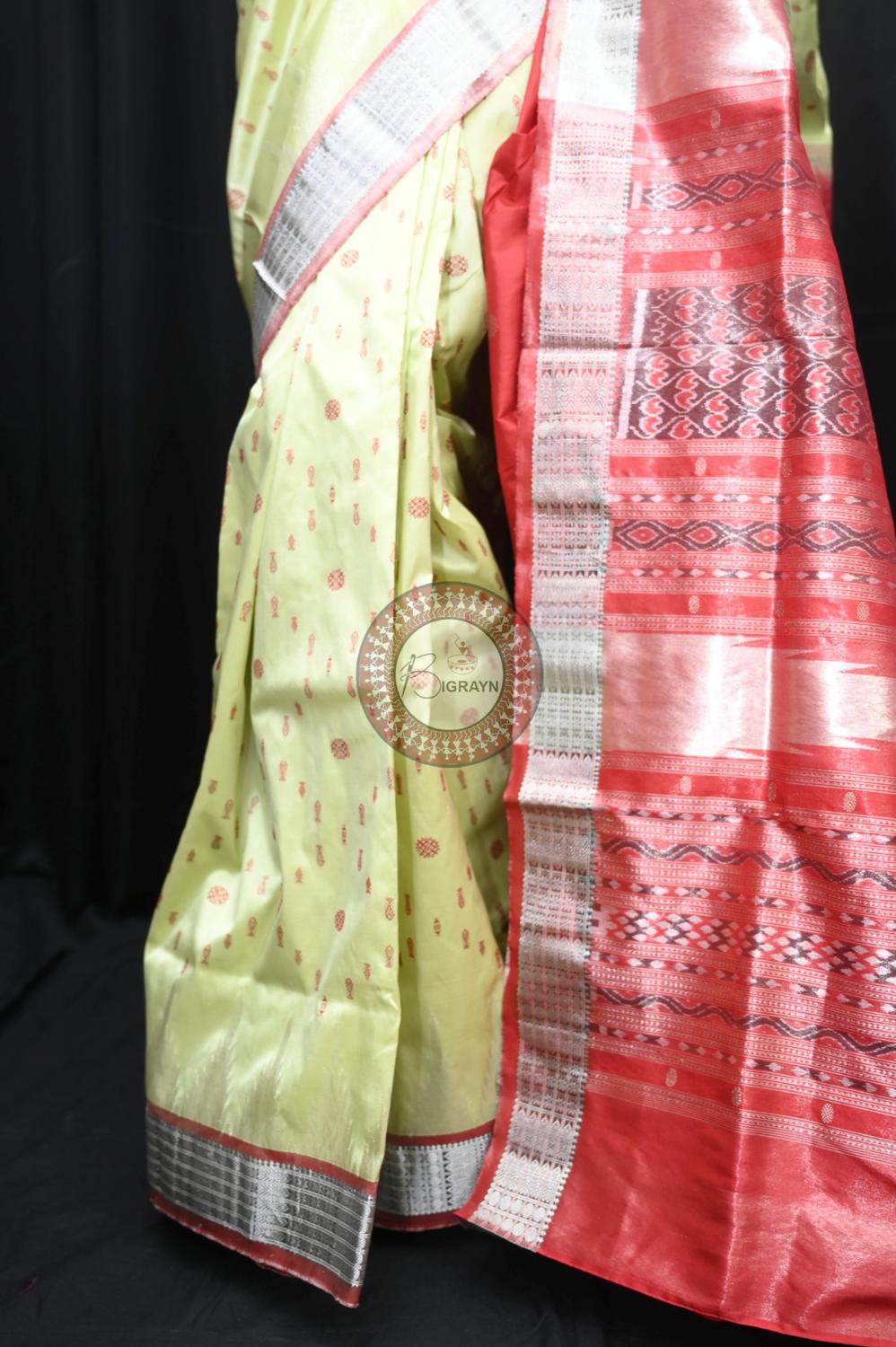 "Odisha Handloom Tissue Silk Saree with shimmering texture, elegant zari border, and lightweight drape, handcrafted by artisans"