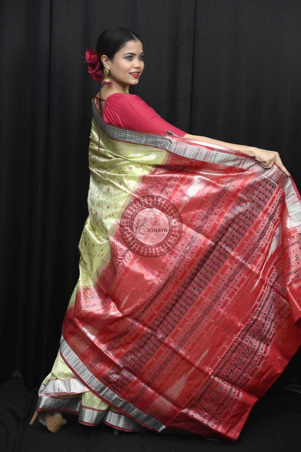 "Odisha Handloom Tissue Silk Saree with shimmering texture, elegant zari border, and lightweight drape, handcrafted by artisans"