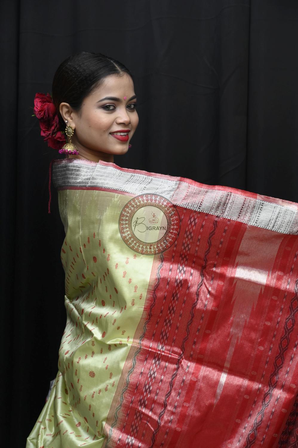 "Odisha Handloom Tissue Silk Saree with shimmering texture, elegant zari border, and lightweight drape, handcrafted by artisans"