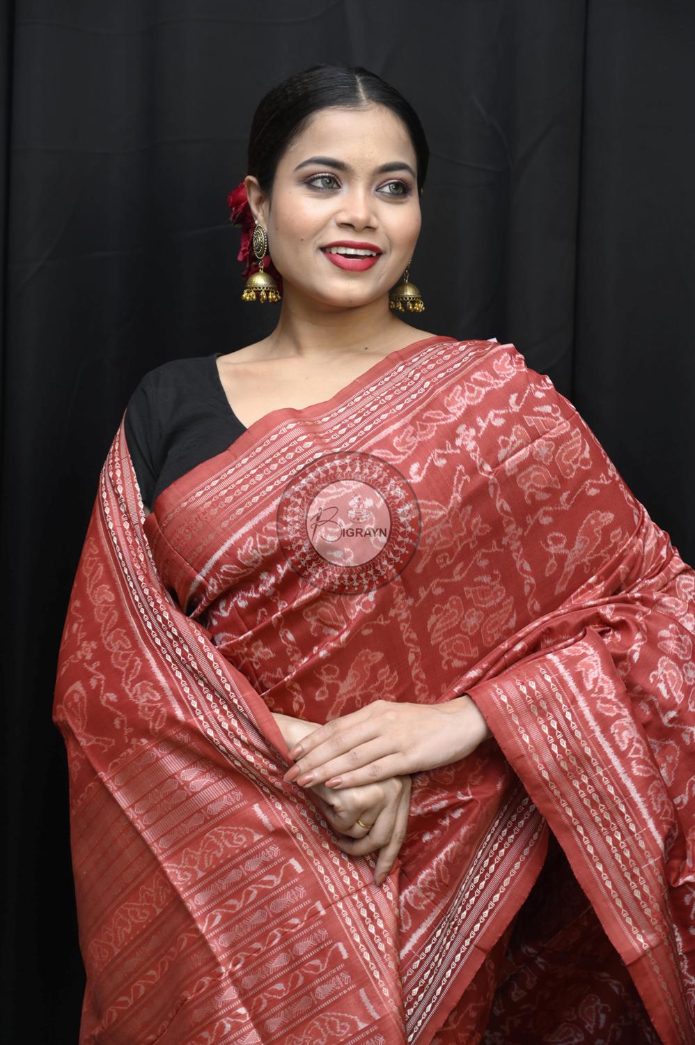 Red Animal Natural Dye Sambalpuri Silk Saree