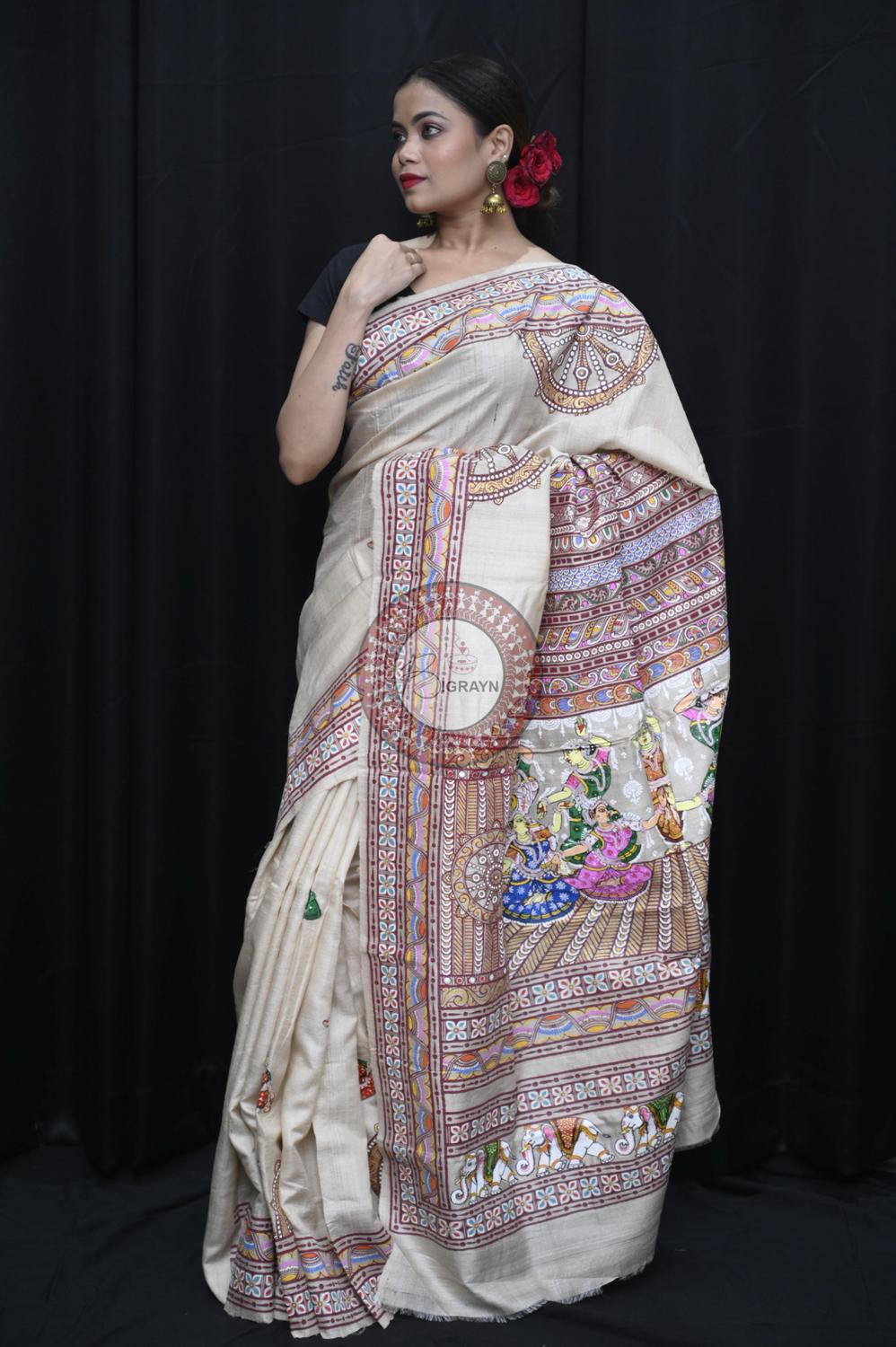 Exclusive Konark Temple Theme Pattachitra Tussar Silk Saree