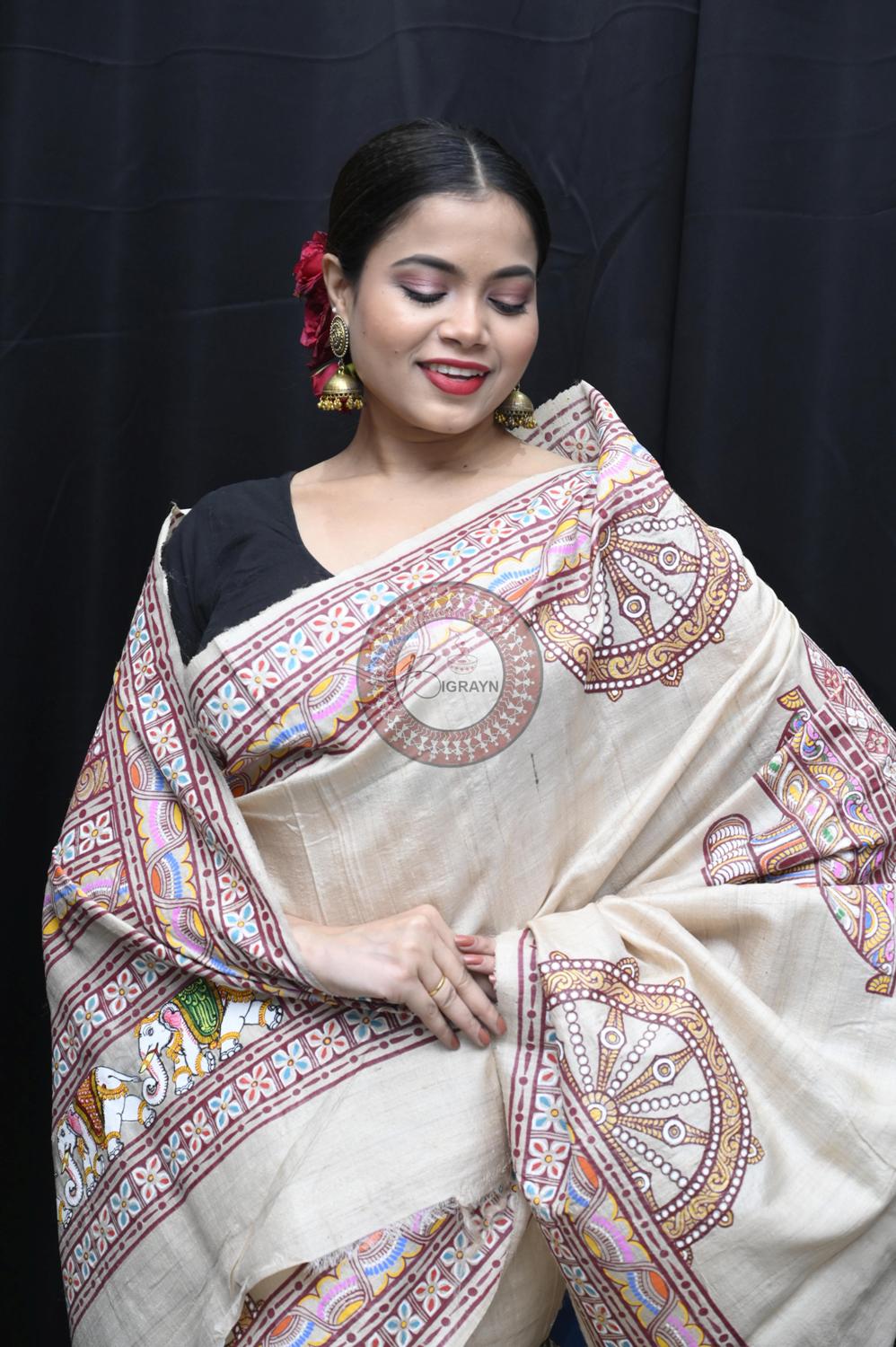 Exclusive Konark Temple Theme Pattachitra Tussar Silk Saree