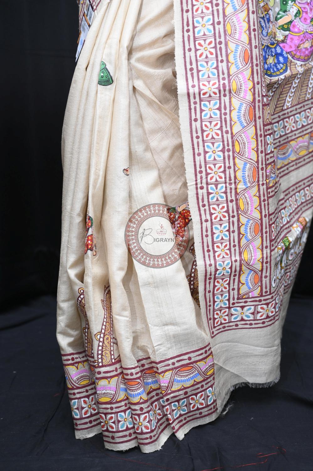Exclusive Konark Temple Theme Pattachitra Tussar Silk Saree