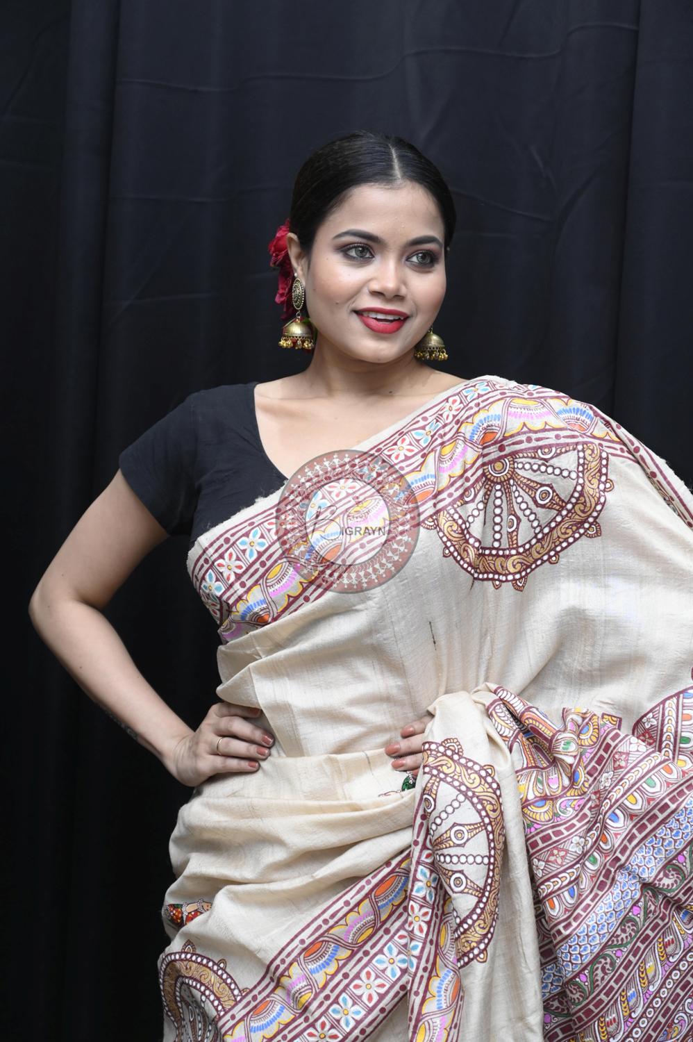 Exclusive Konark Temple Theme Pattachitra Tussar Silk Saree
