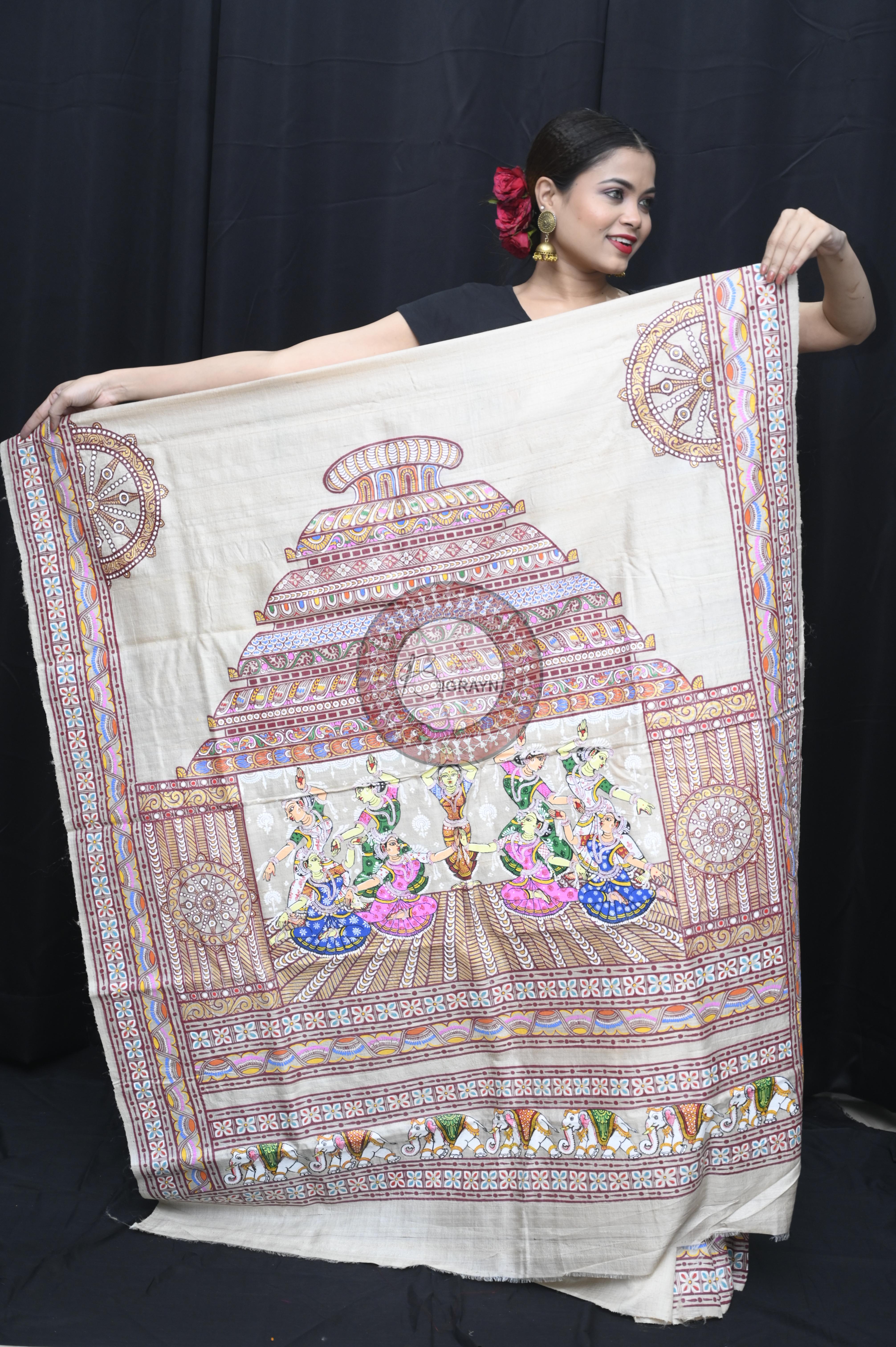 Exclusive Konark Temple Theme Pattachitra Tussar Silk Saree