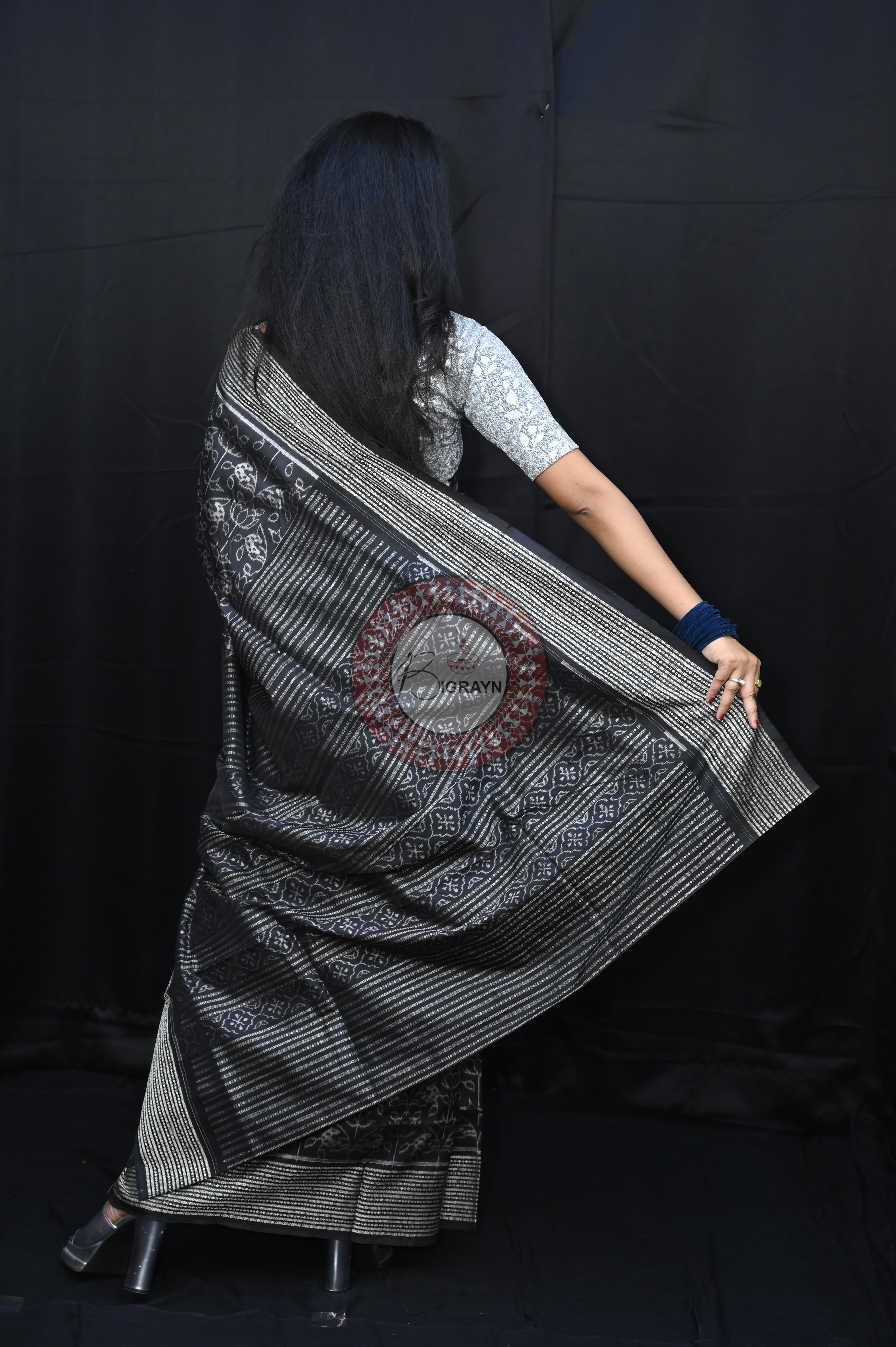Black White Flower Natural Dye Sambalpuri Silk Saree