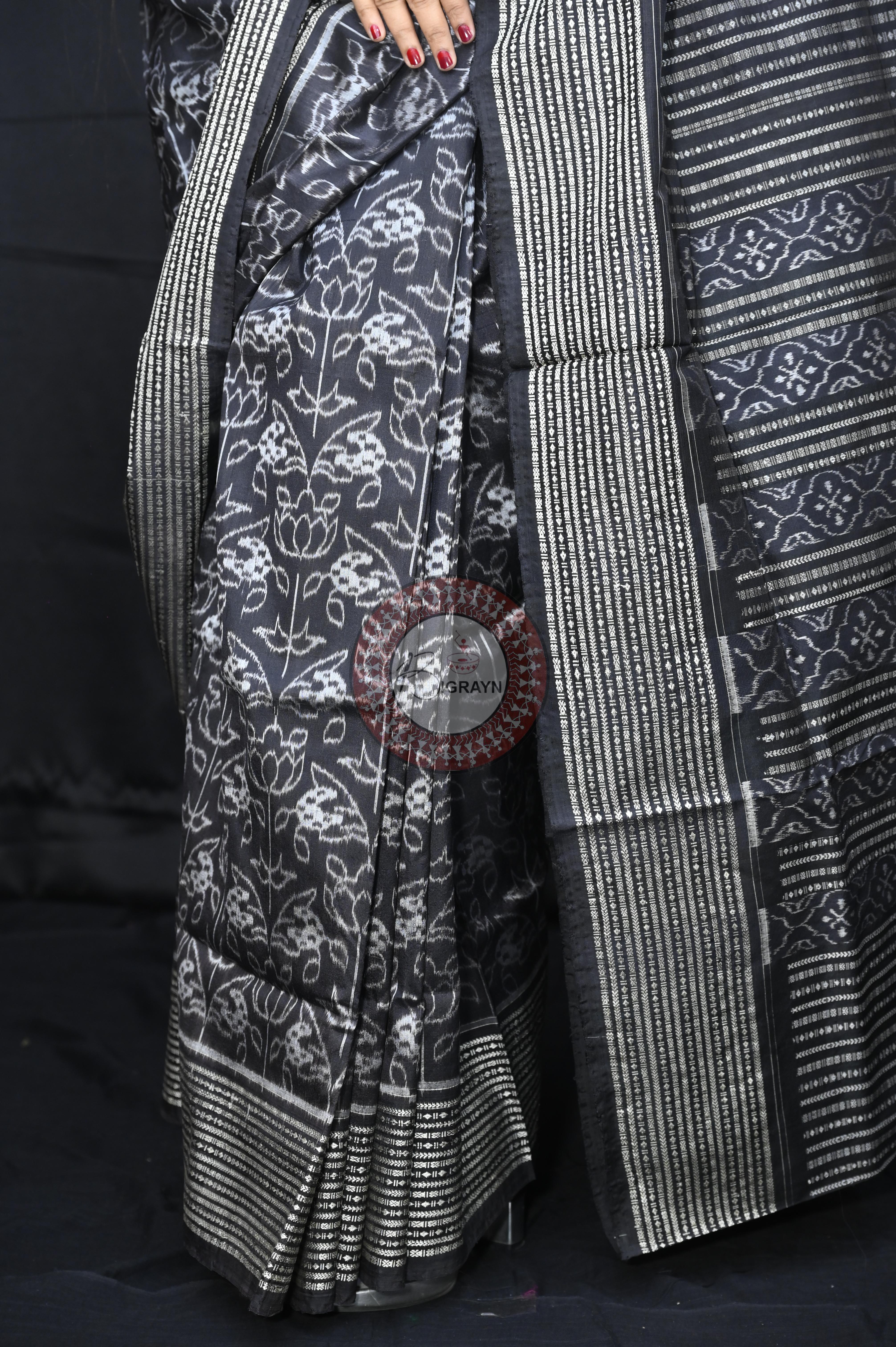 Black White Flower Natural Dye Sambalpuri Silk Saree