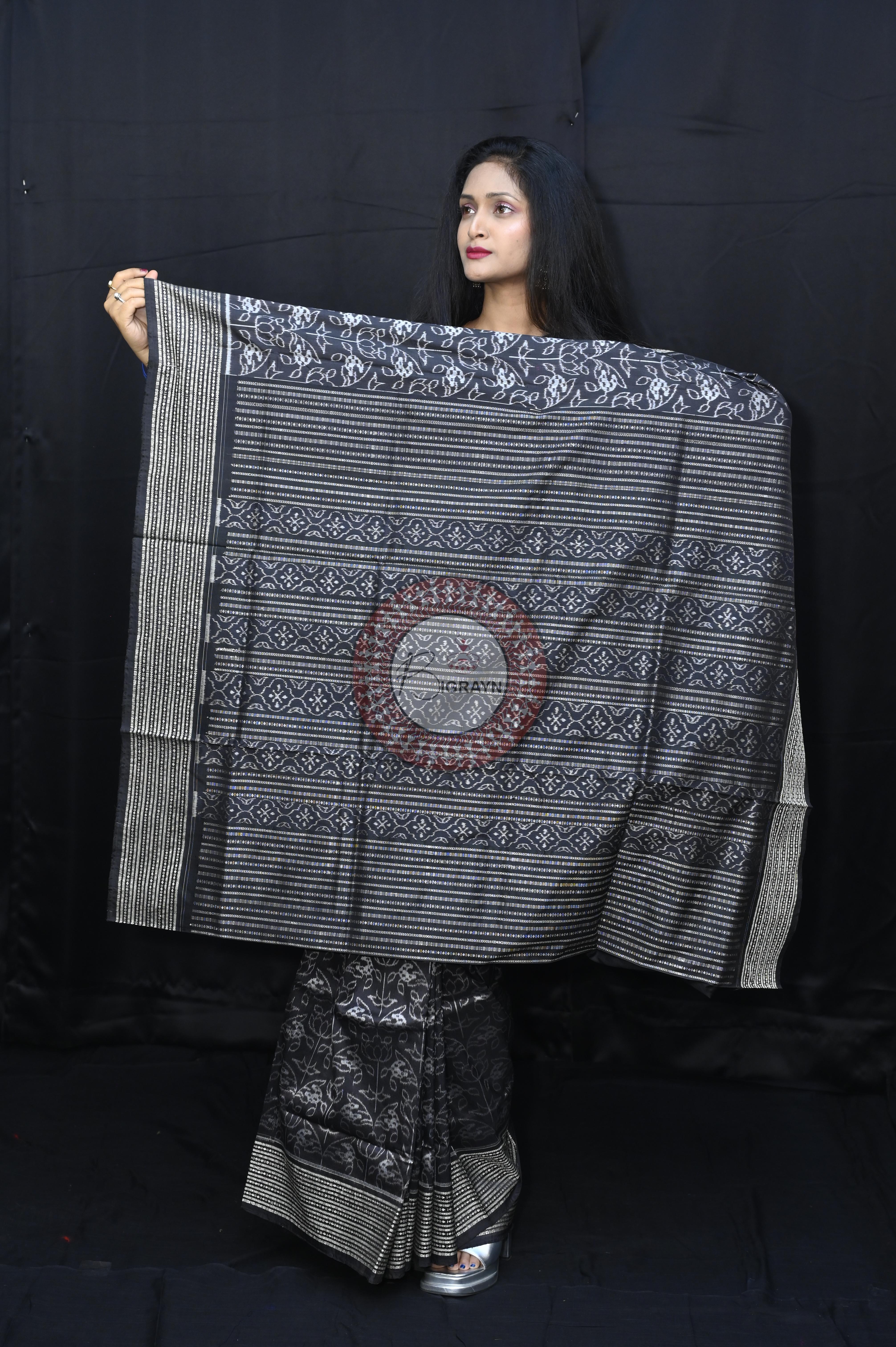 Black White Flower Natural Dye Sambalpuri Silk Saree