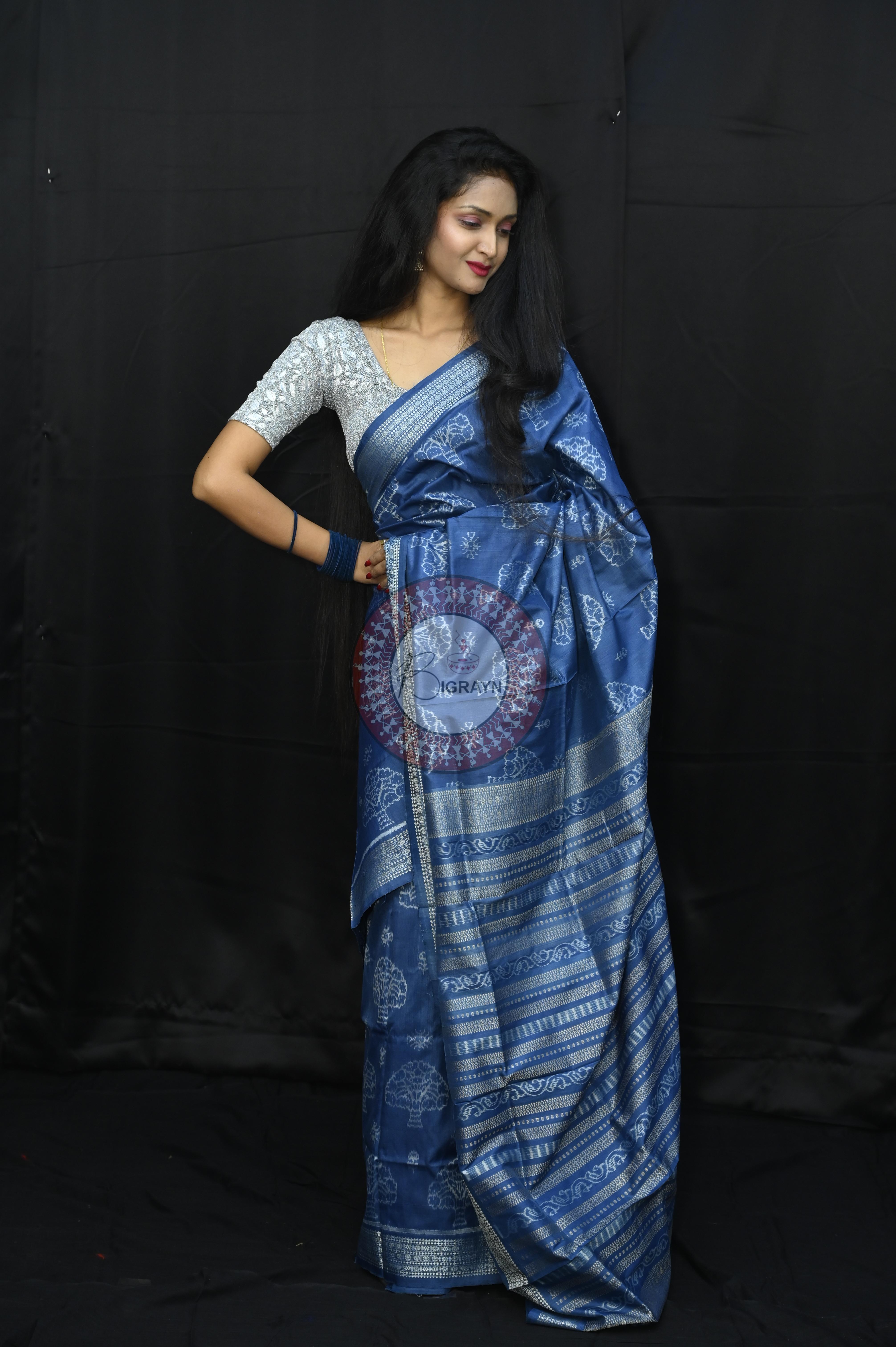 Indigo Blue Tree Natural Dye Sambalpuri Silk Saree