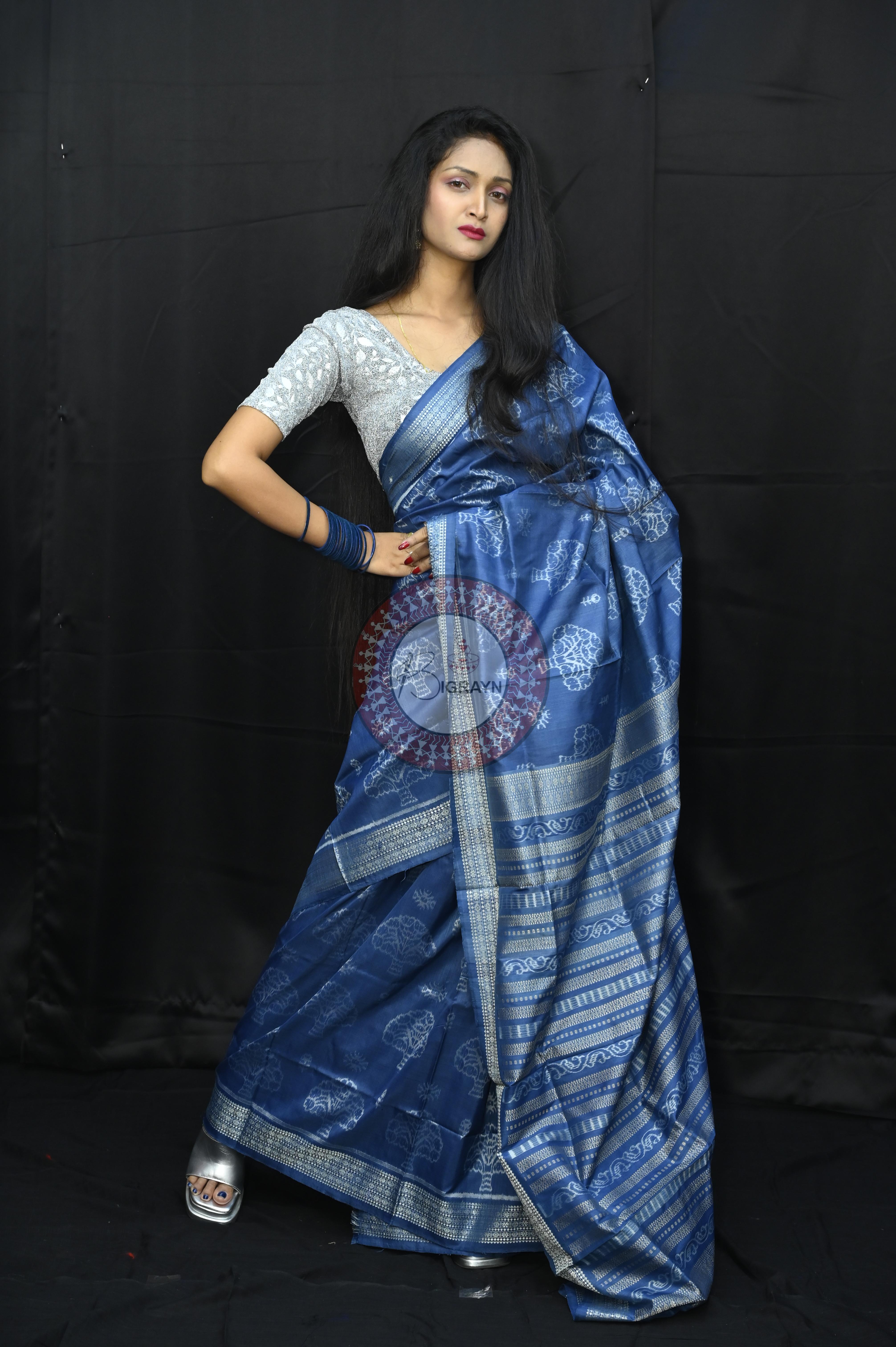 Indigo Blue Tree Natural Dye Sambalpuri Silk Saree