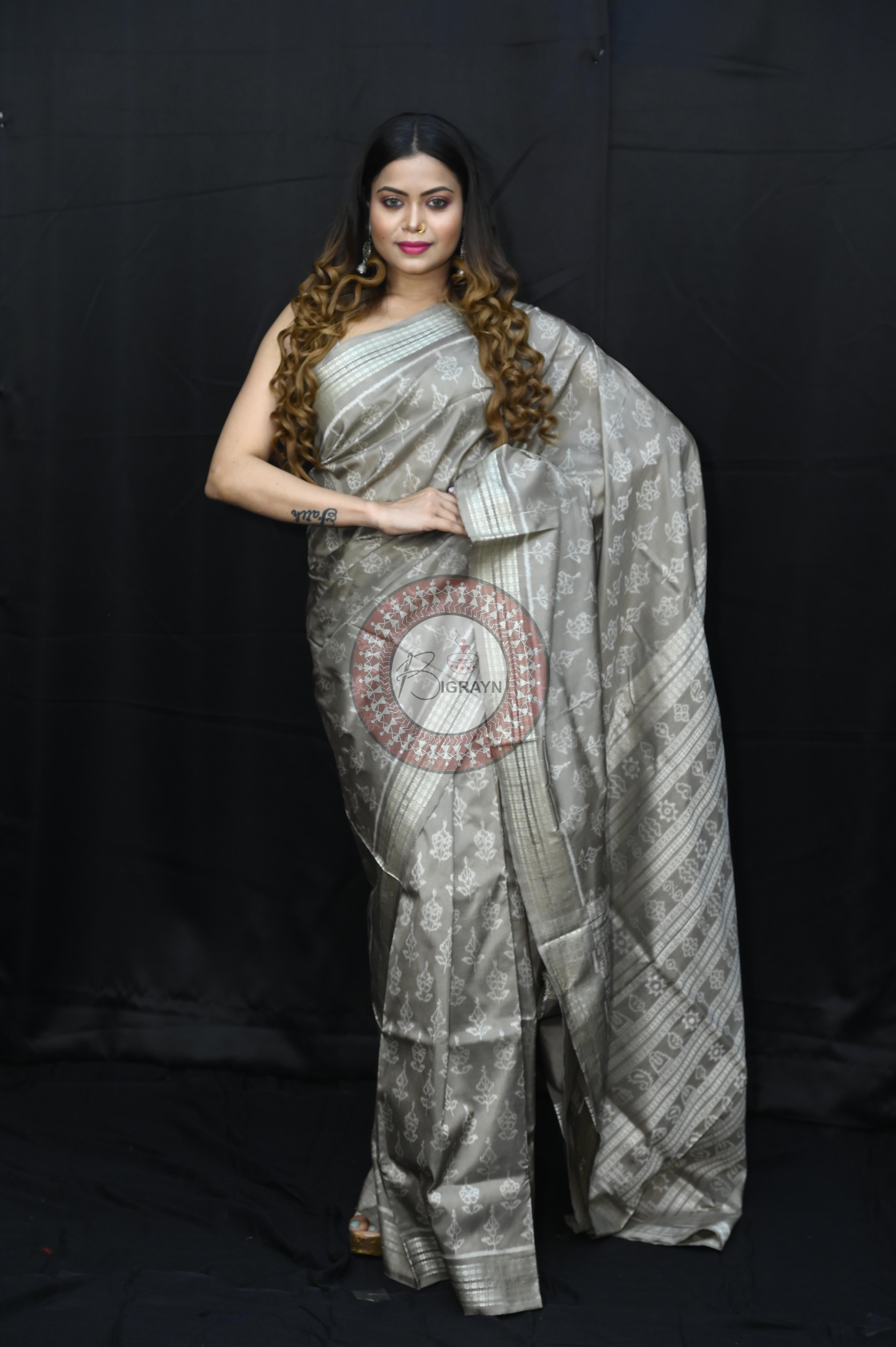 Gray Hibiscuss Natural Dye Sambalpuri Silk Saree