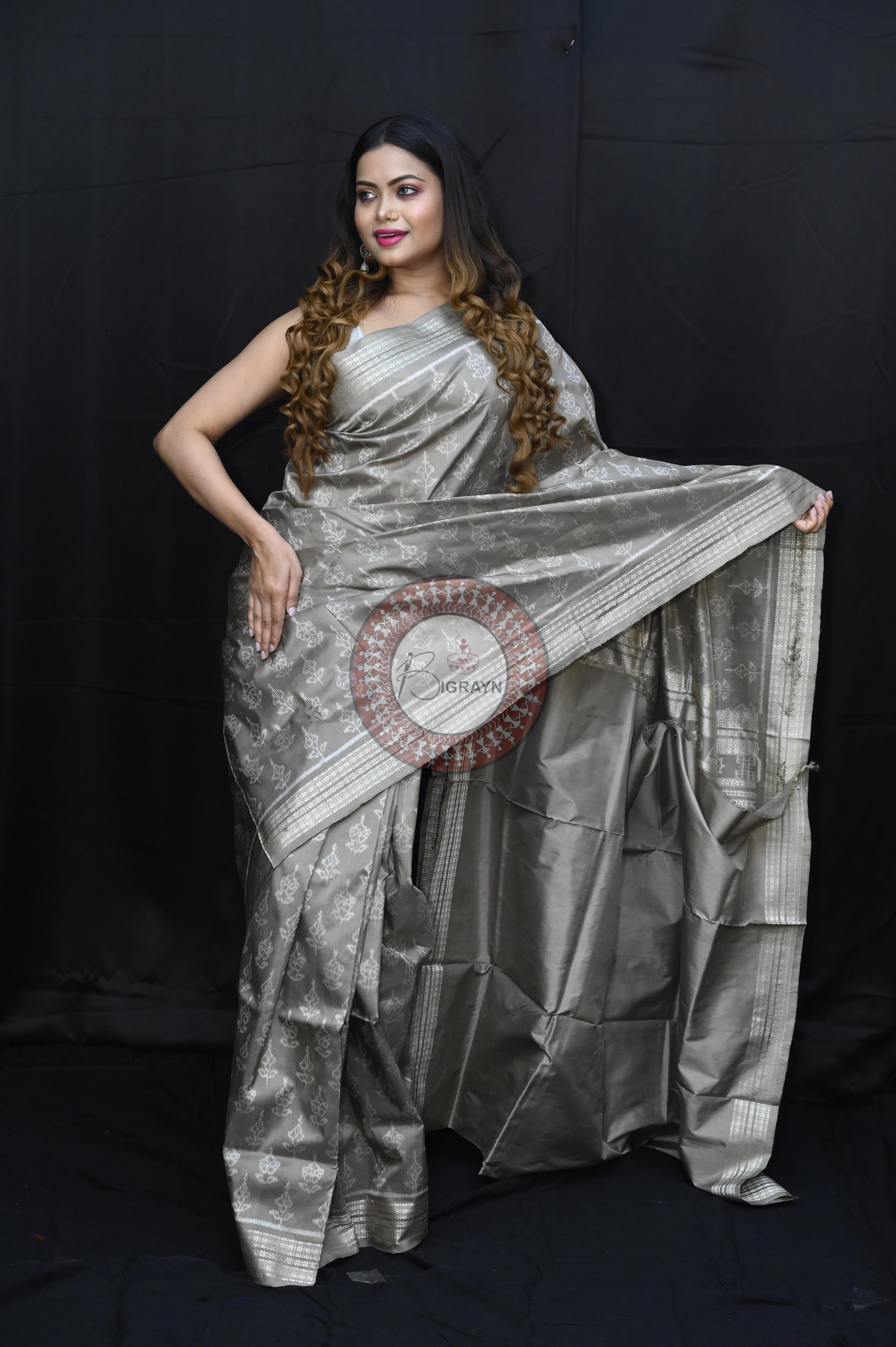 Gray Hibiscuss Natural Dye Sambalpuri Silk Saree