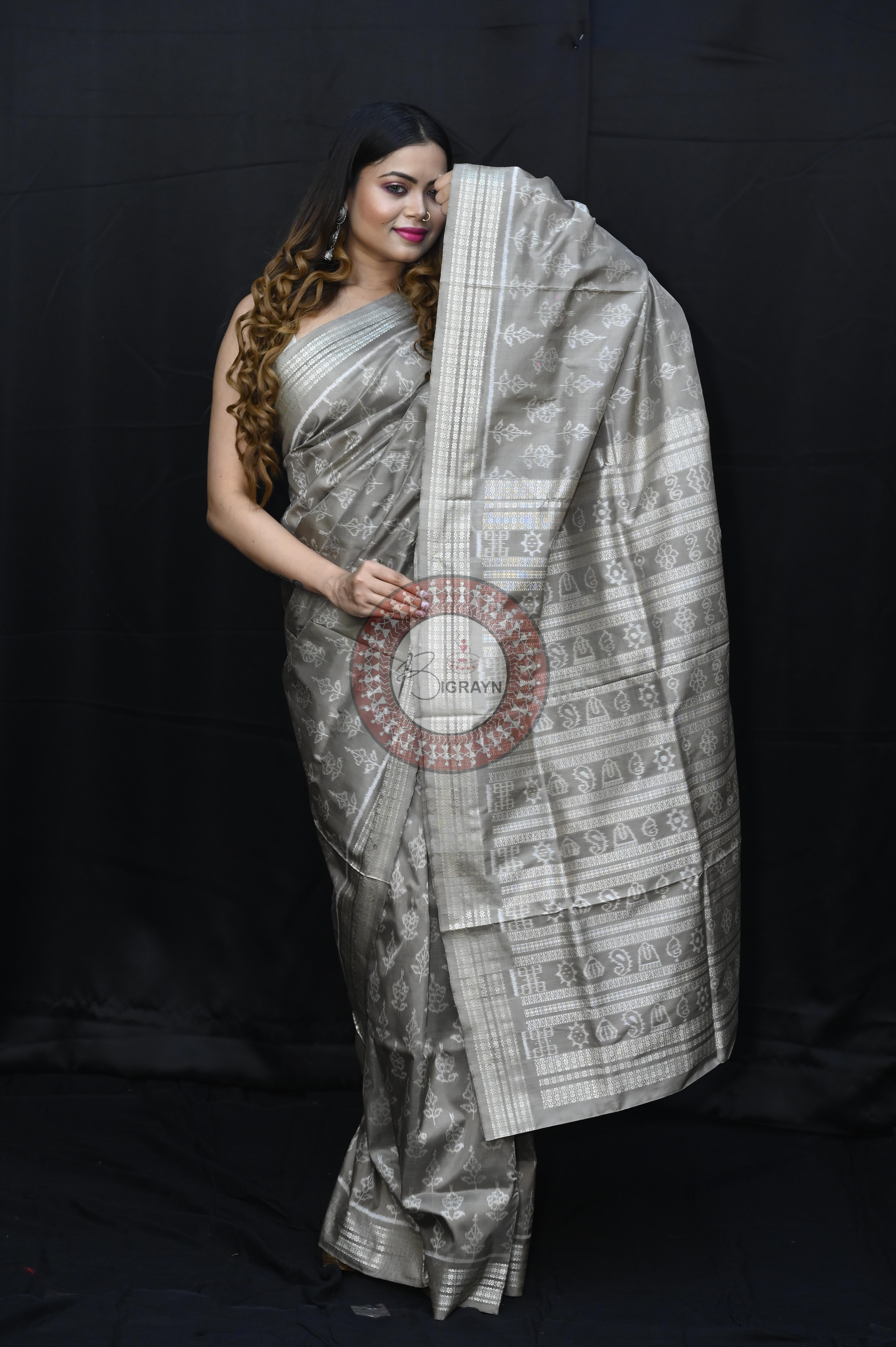 Gray Hibiscuss Natural Dye Sambalpuri Silk Saree
