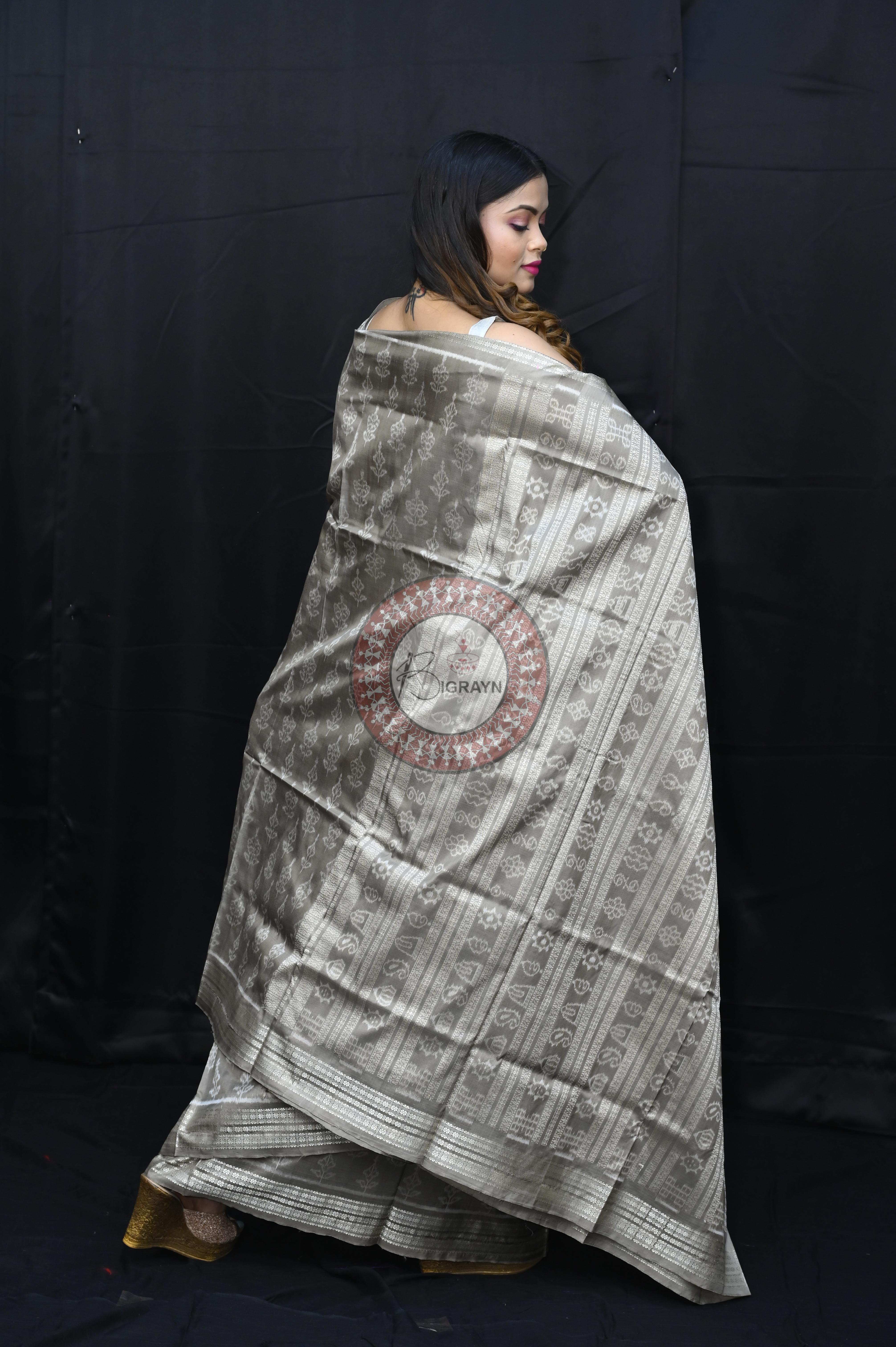 Gray Hibiscuss Natural Dye Sambalpuri Silk Saree