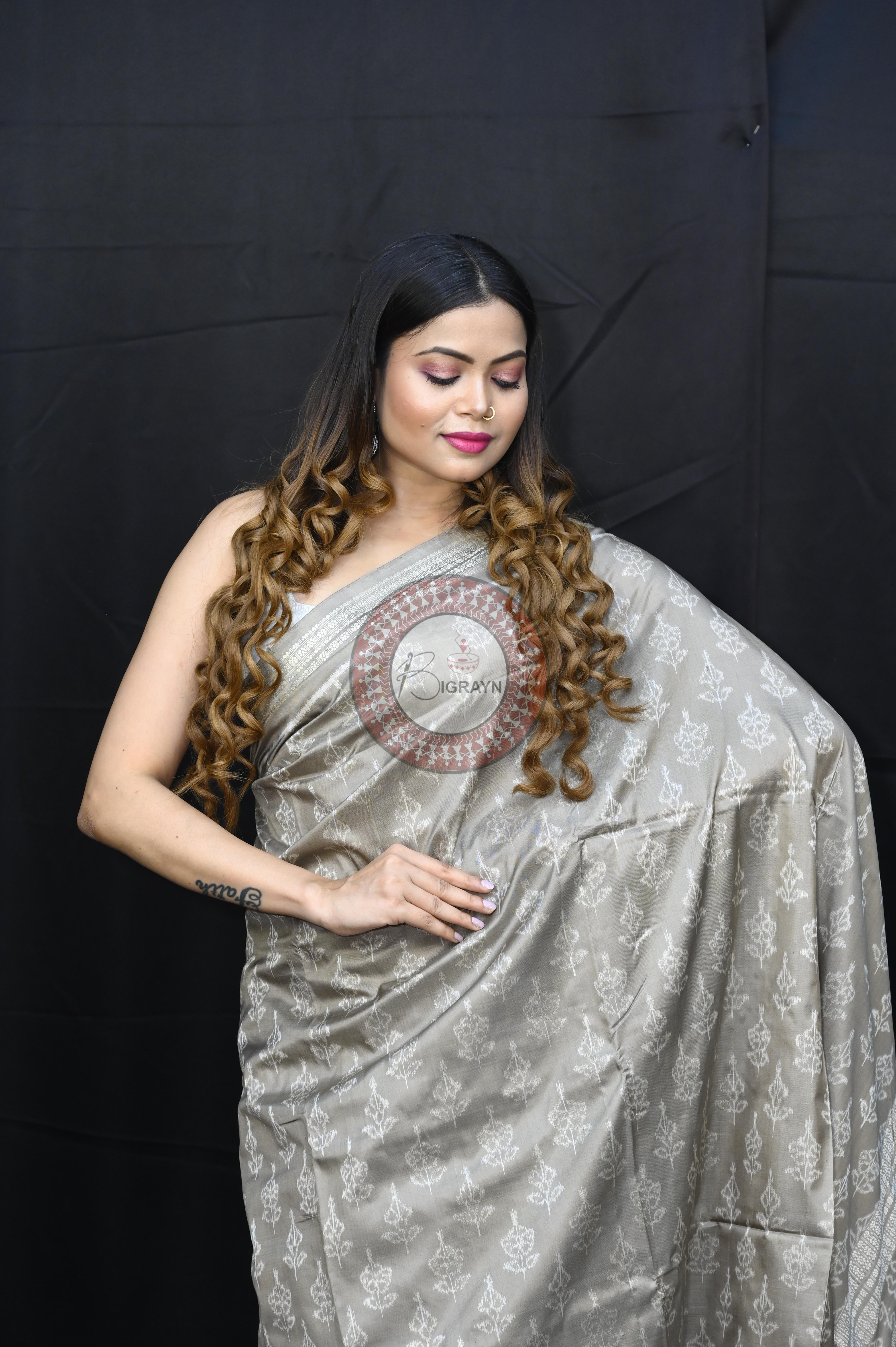 Gray Hibiscuss Natural Dye Sambalpuri Silk Saree