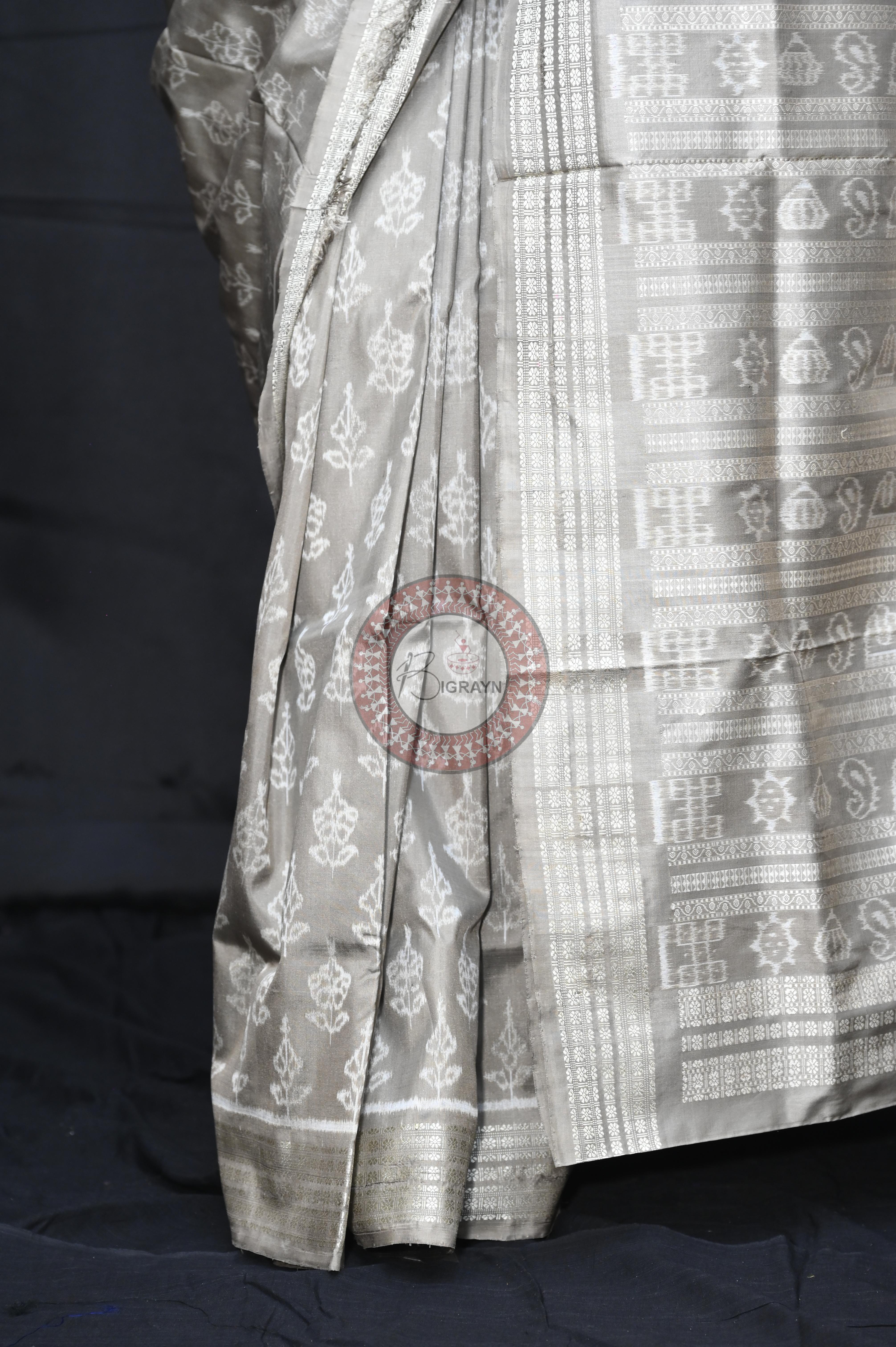 Gray Hibiscuss Natural Dye Sambalpuri Silk Saree