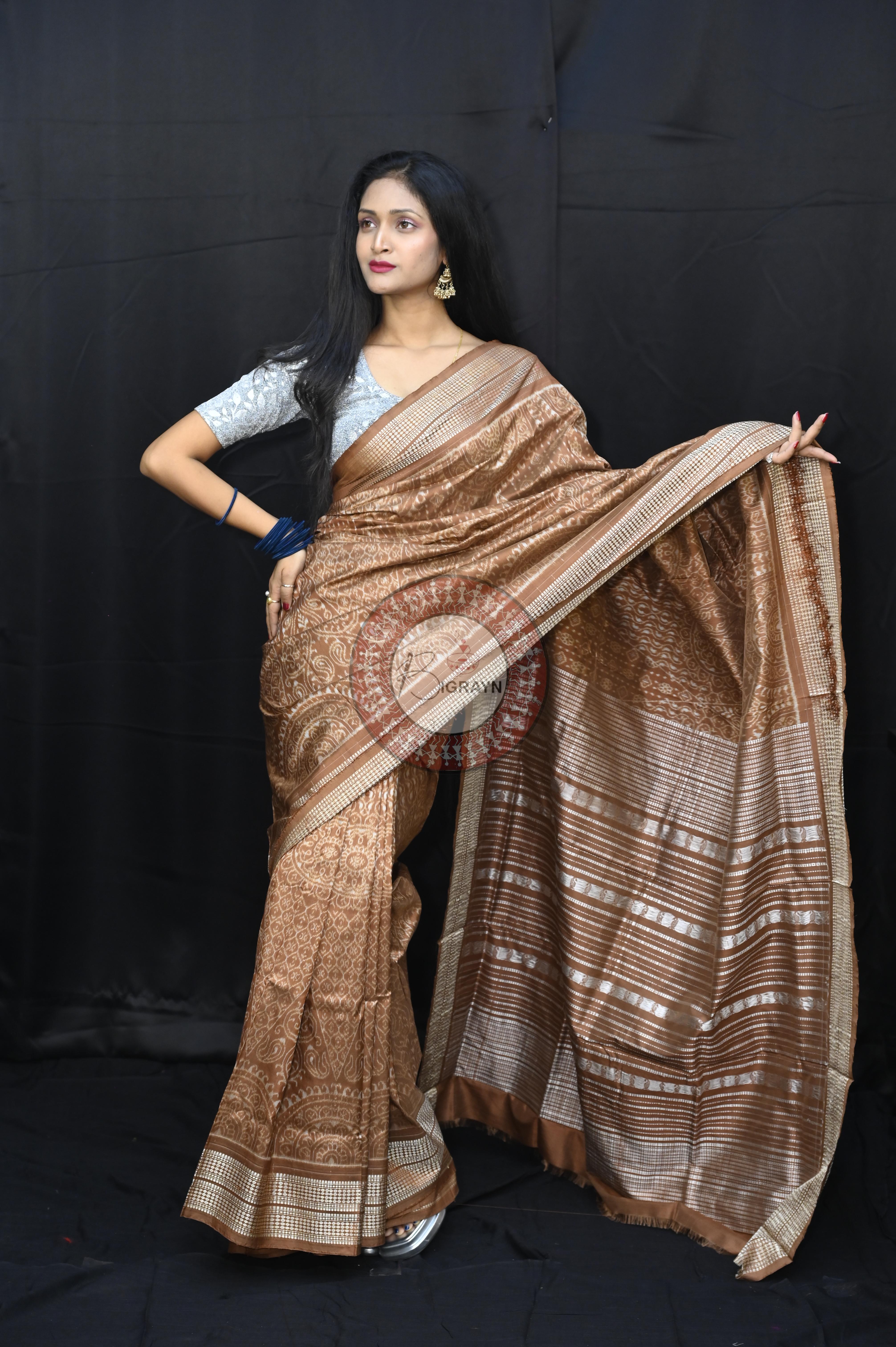 Bronze Thikudi Design Natural Dye Sambalpuri Silk Saree