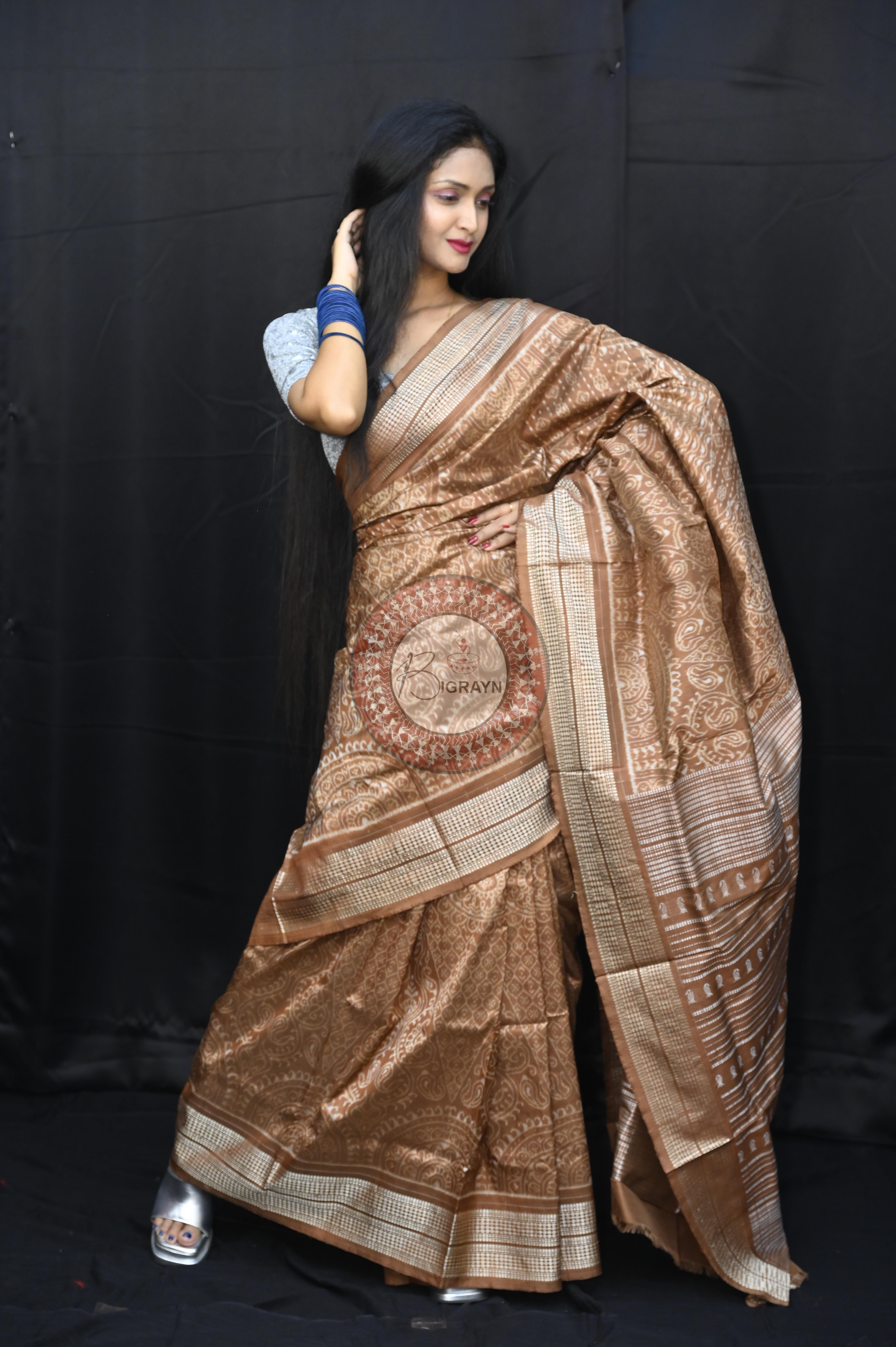Bronze Thikudi Design Natural Dye Sambalpuri Silk Saree