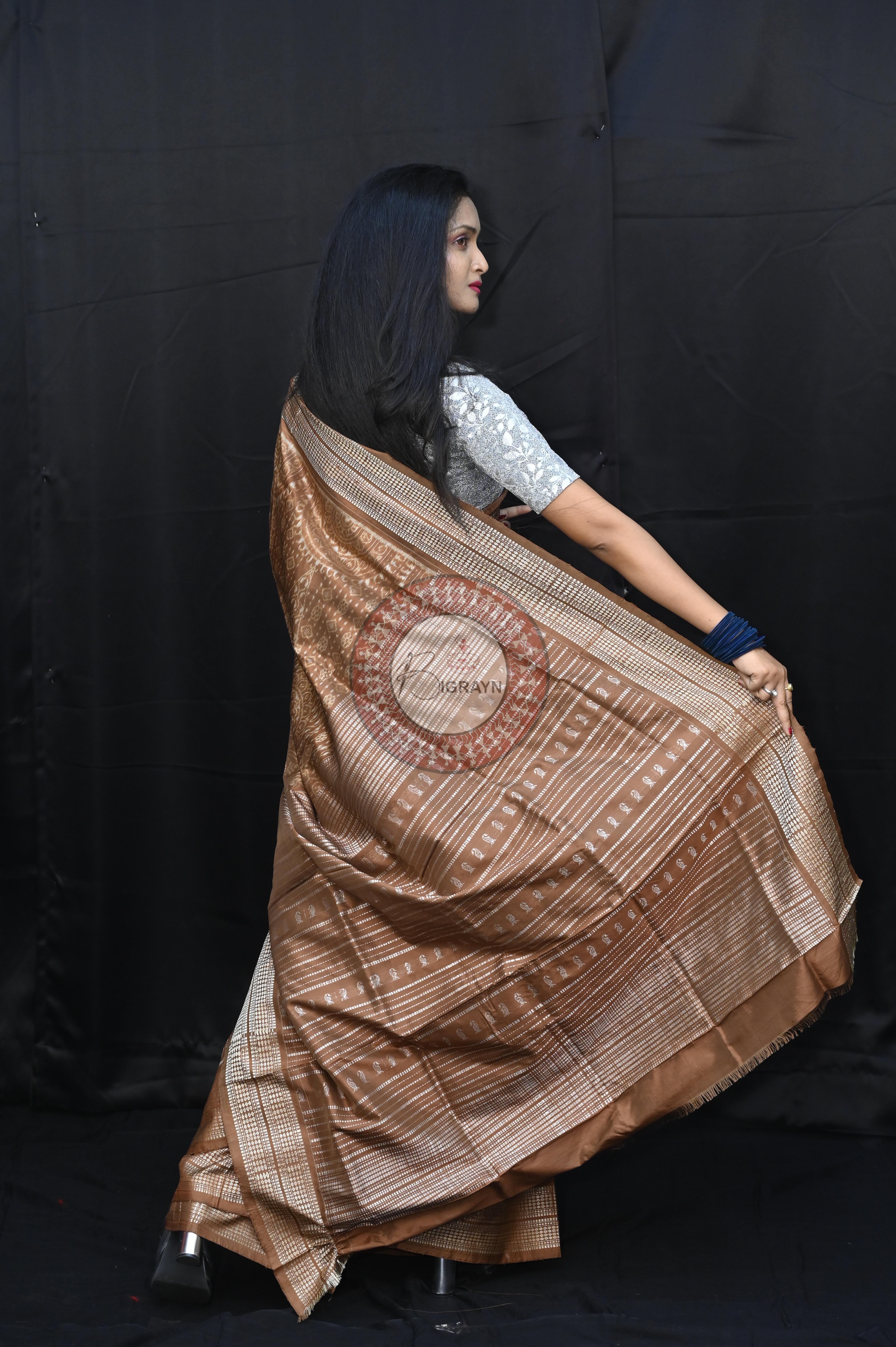 Bronze Thikudi Design Natural Dye Sambalpuri Silk Saree