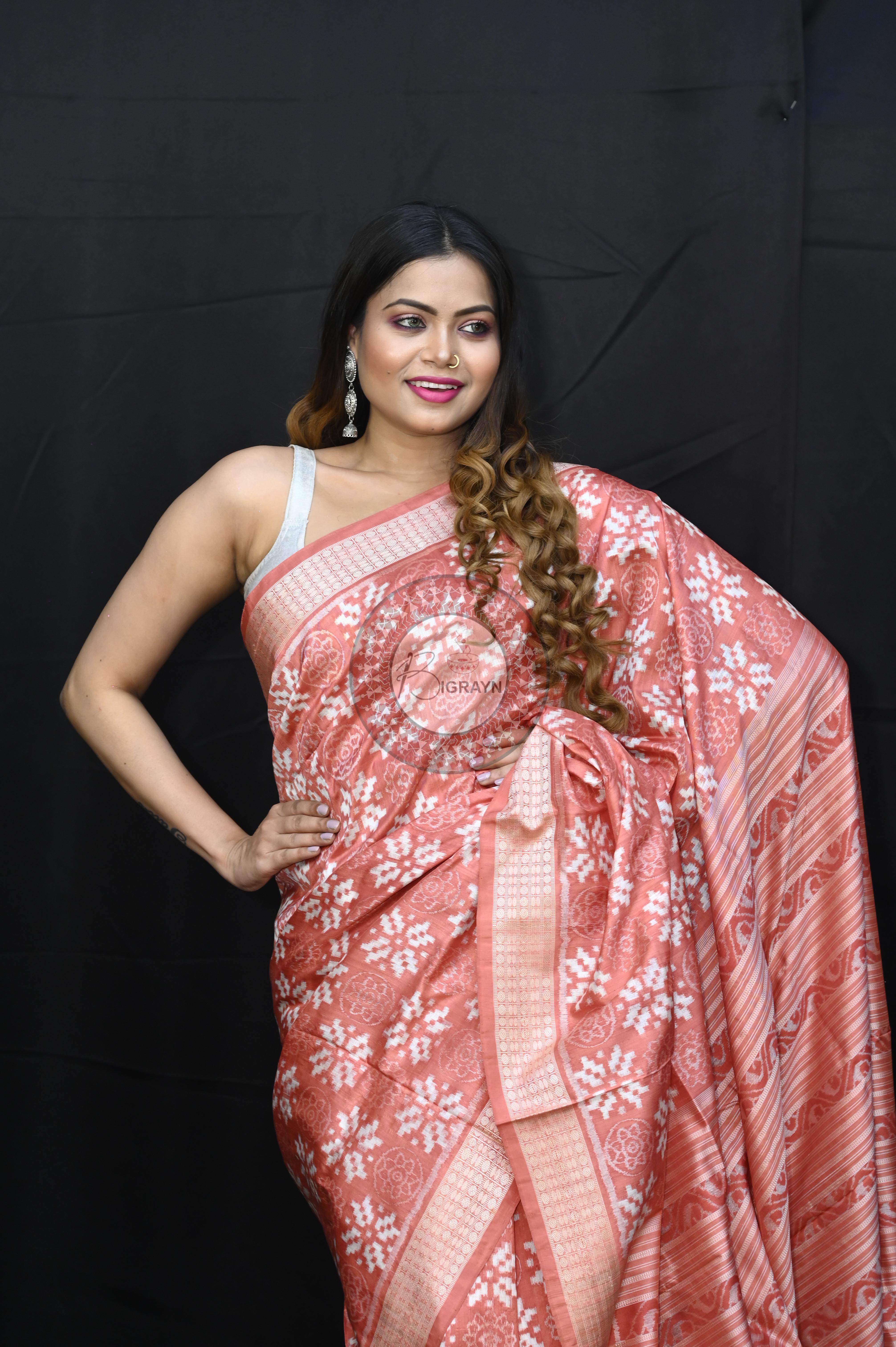 Peach Pink Flower Design Natural Dye Sambalpuri Silk Saree