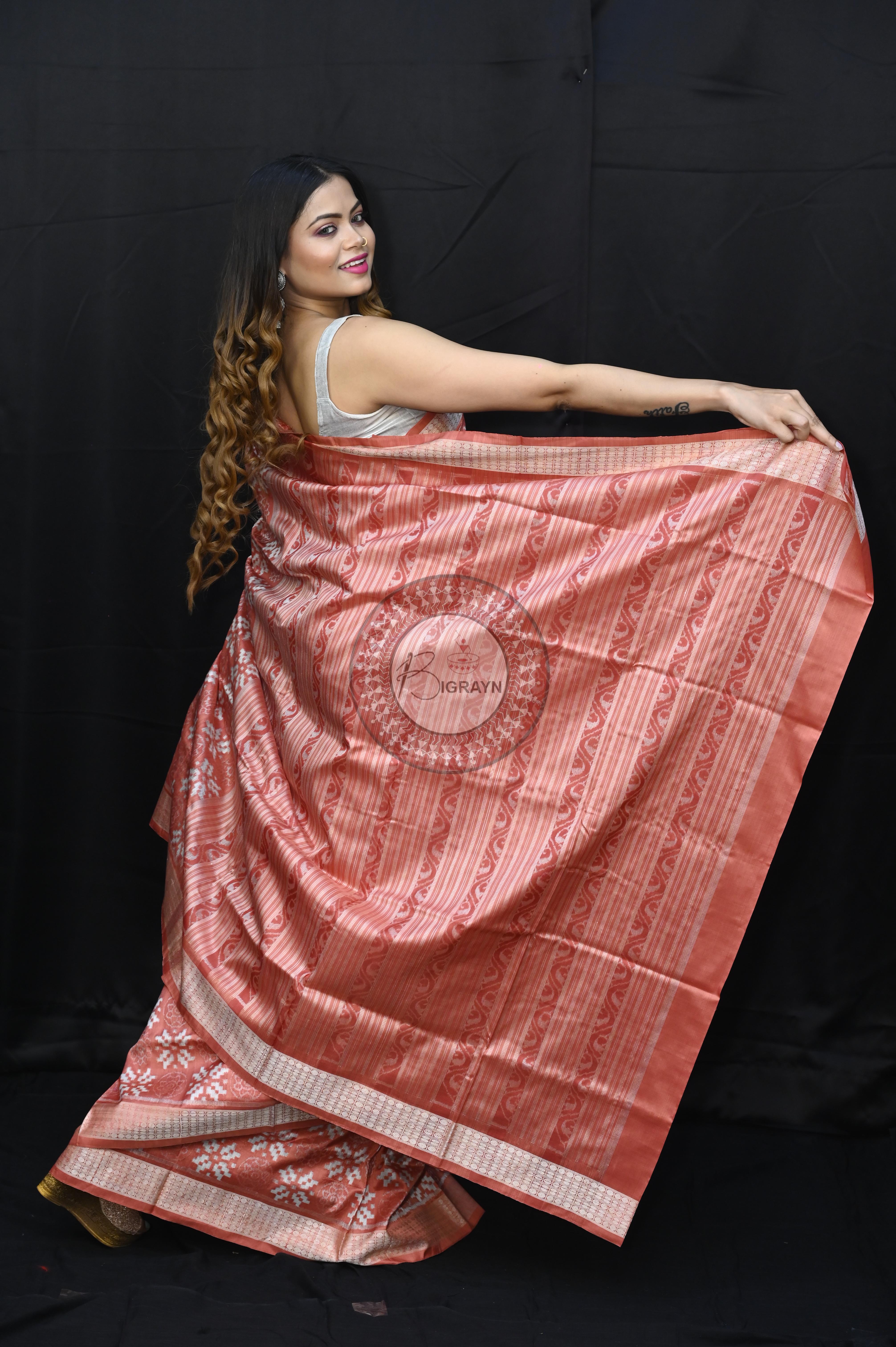 Peach Pink Flower Design Natural Dye Sambalpuri Silk Saree
