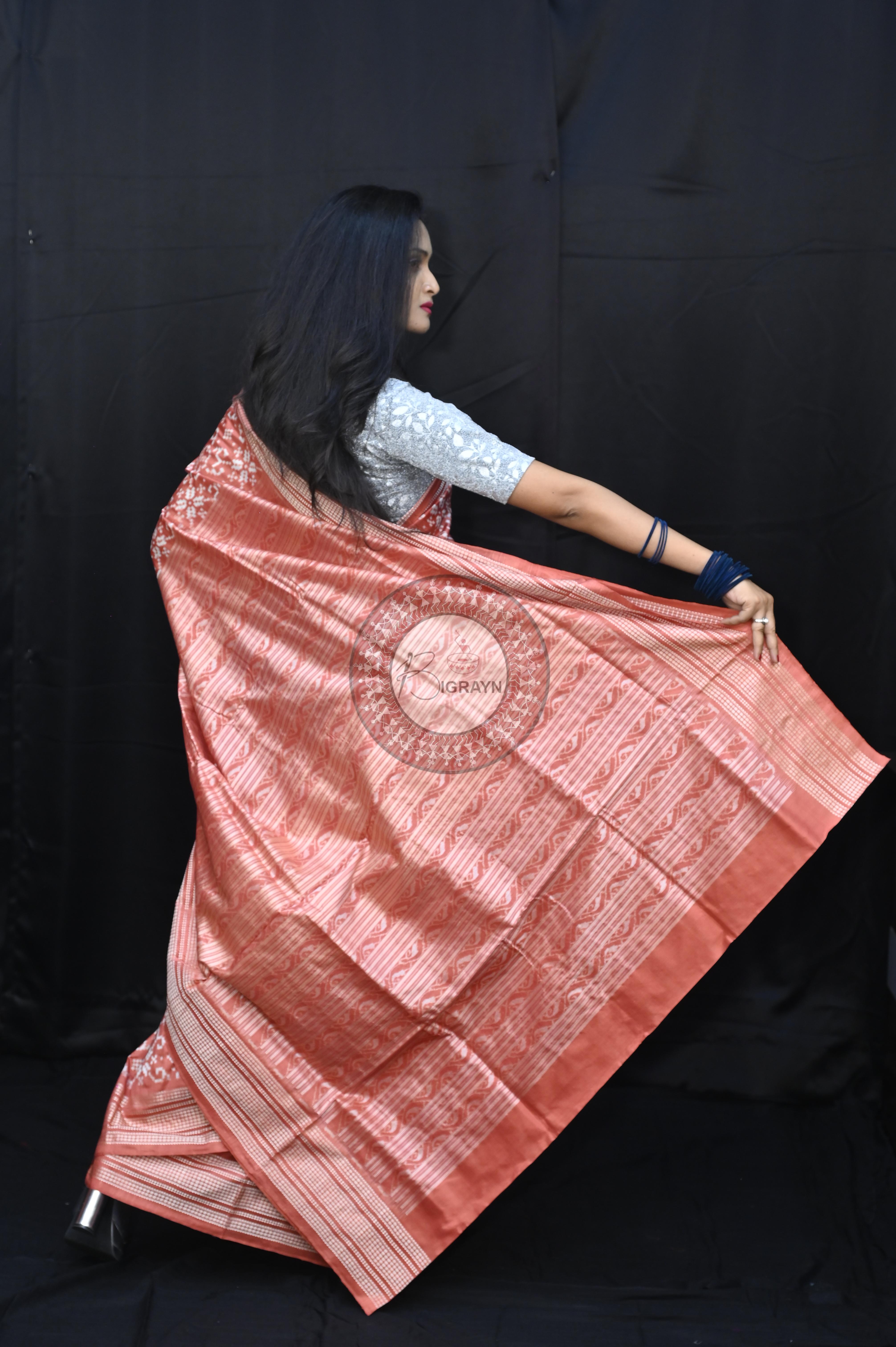Peach Pink Pasapali Flower Design Natural Dye Sambalpuri Silk Saree