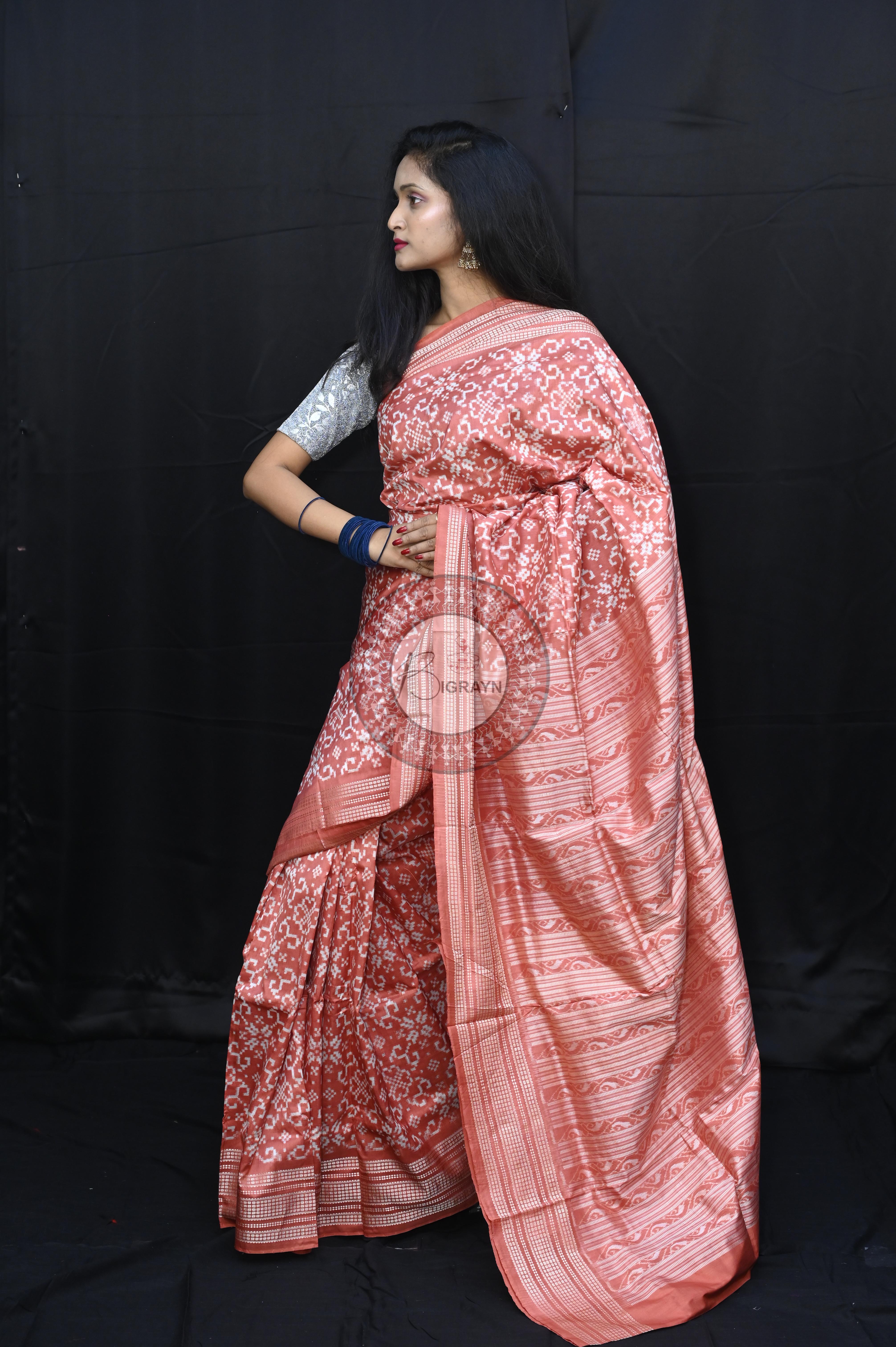 Peach Pink Pasapali Flower Design Natural Dye Sambalpuri Silk Saree