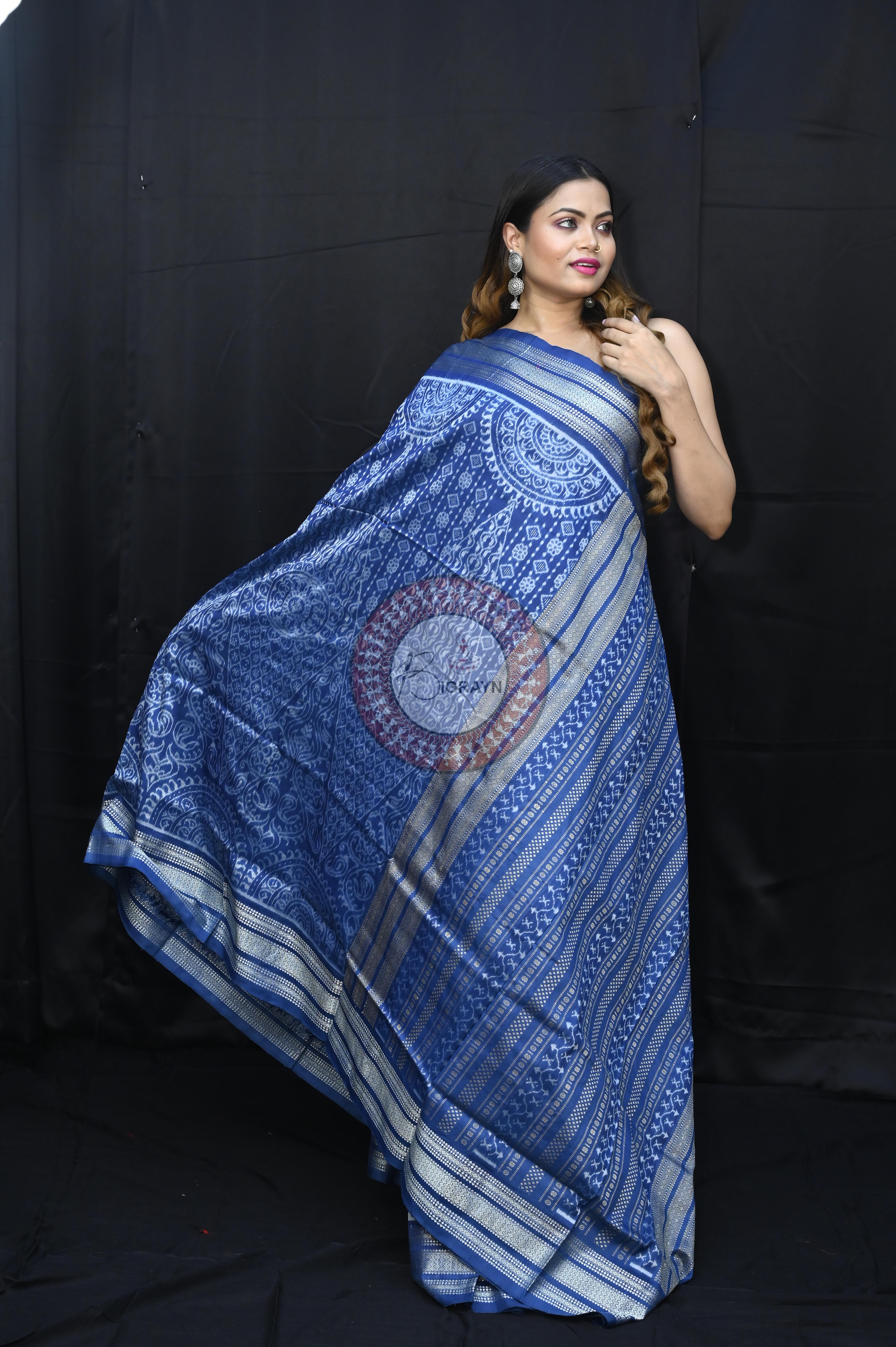 Indigo Blue Thikudi Design Natural Dye Sambalpuri Silk Saree