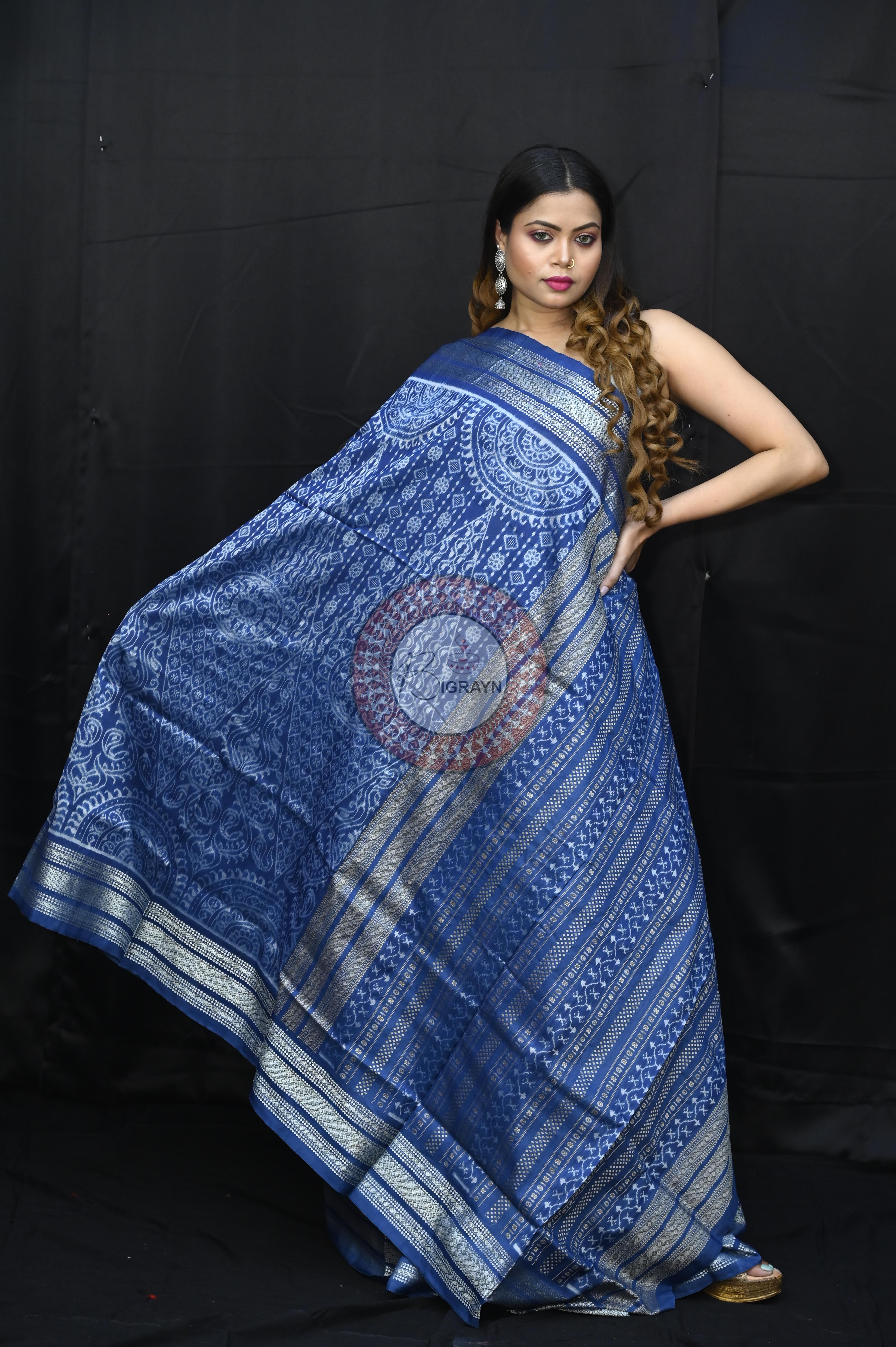 Indigo Blue Thikudi Design Natural Dye Sambalpuri Silk Saree