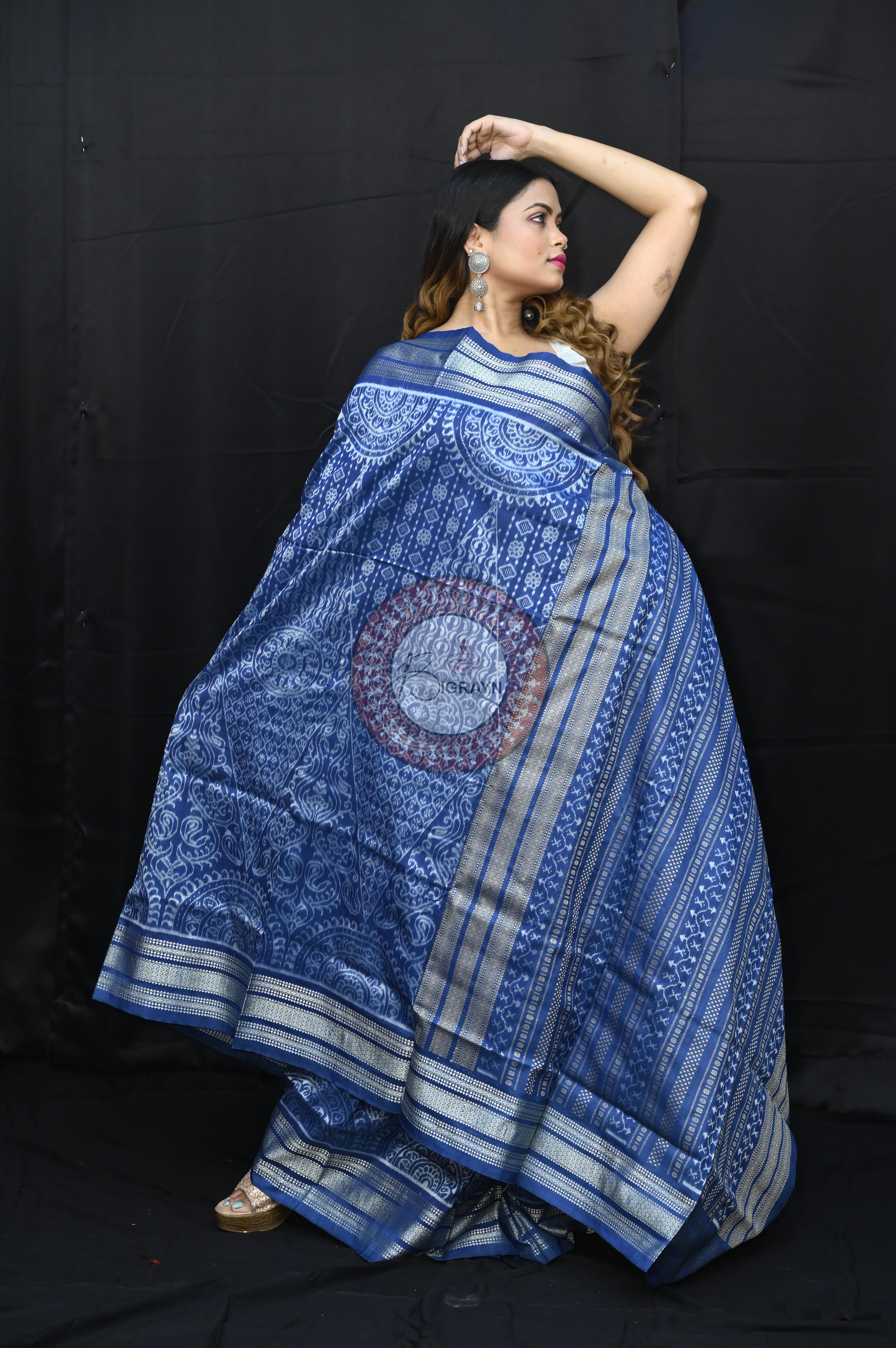 Indigo Blue Thikudi Design Natural Dye Sambalpuri Silk Saree