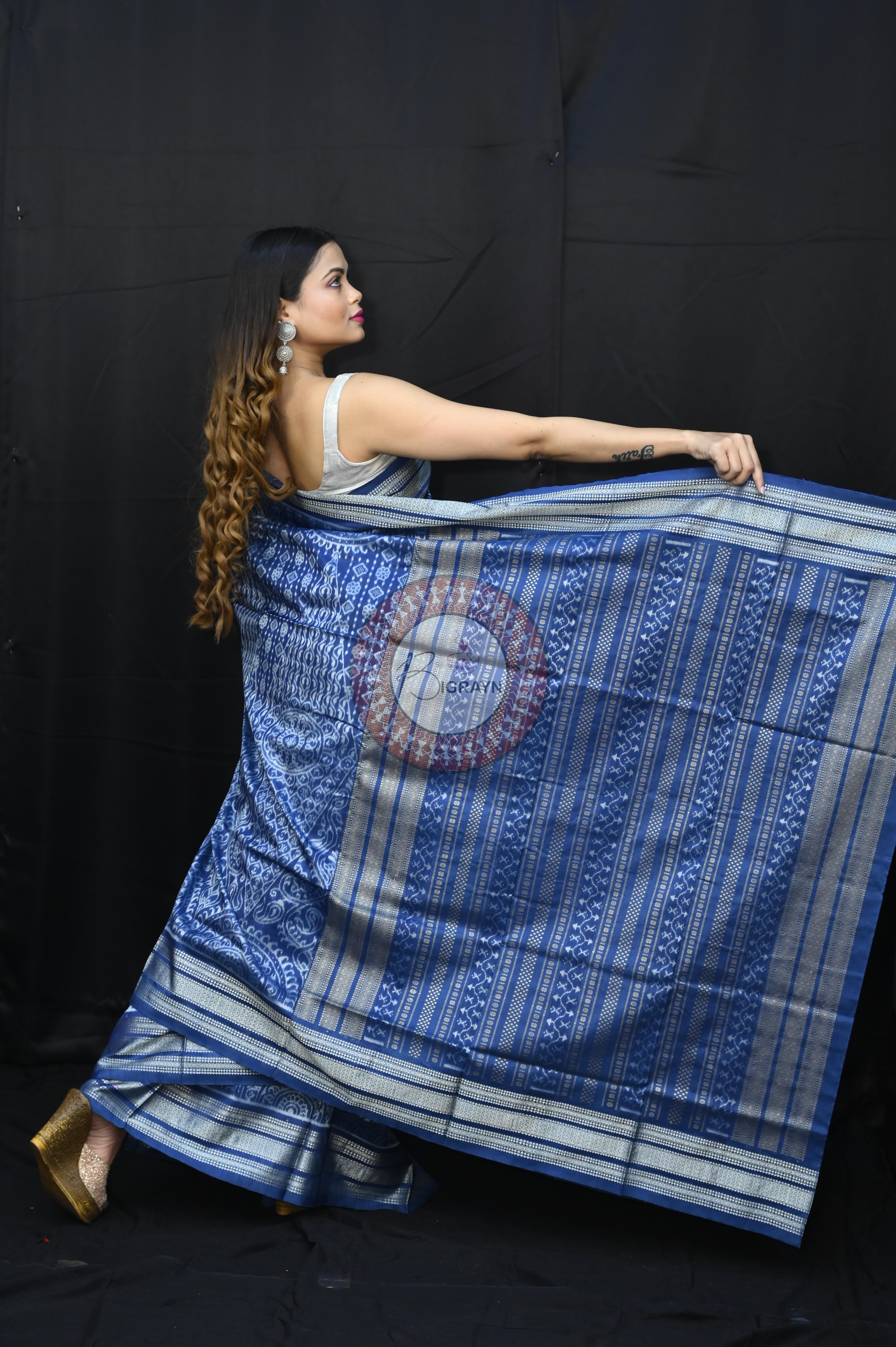 Indigo Blue Thikudi Design Natural Dye Sambalpuri Silk Saree