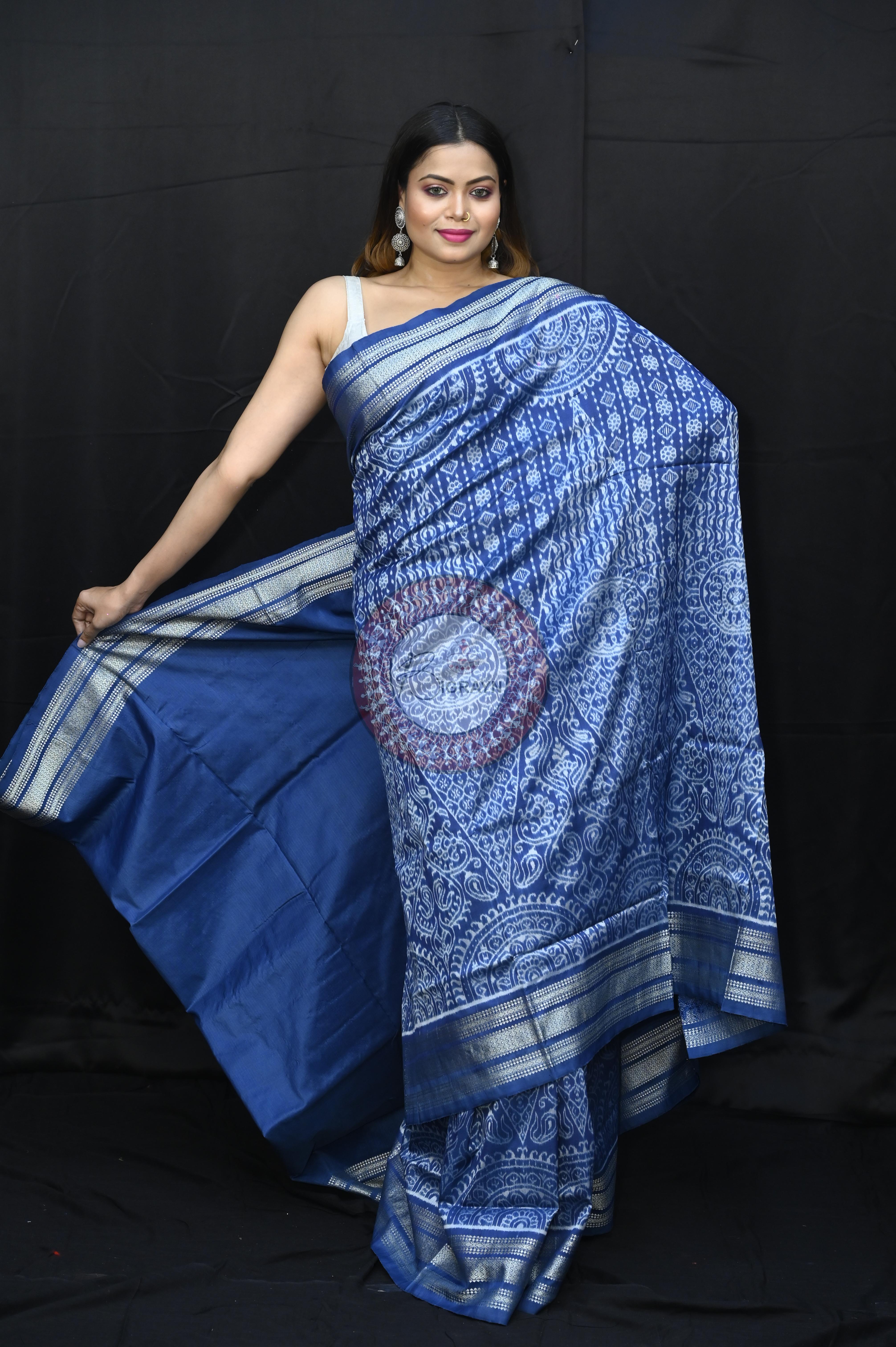 Indigo Blue Thikudi Design Natural Dye Sambalpuri Silk Saree