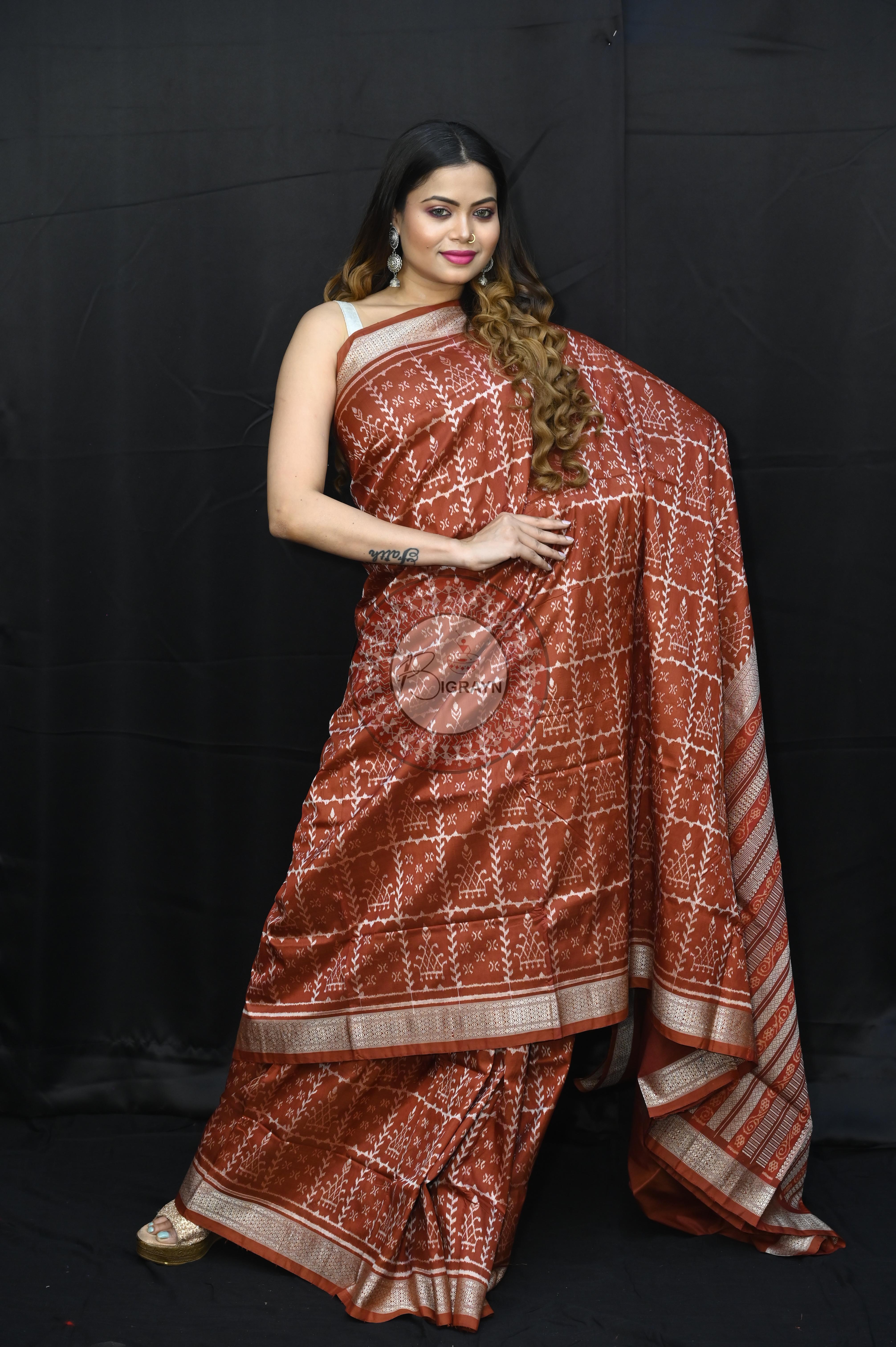 Maroon chaura Design Natural Dye Sambalpuri Silk Saree