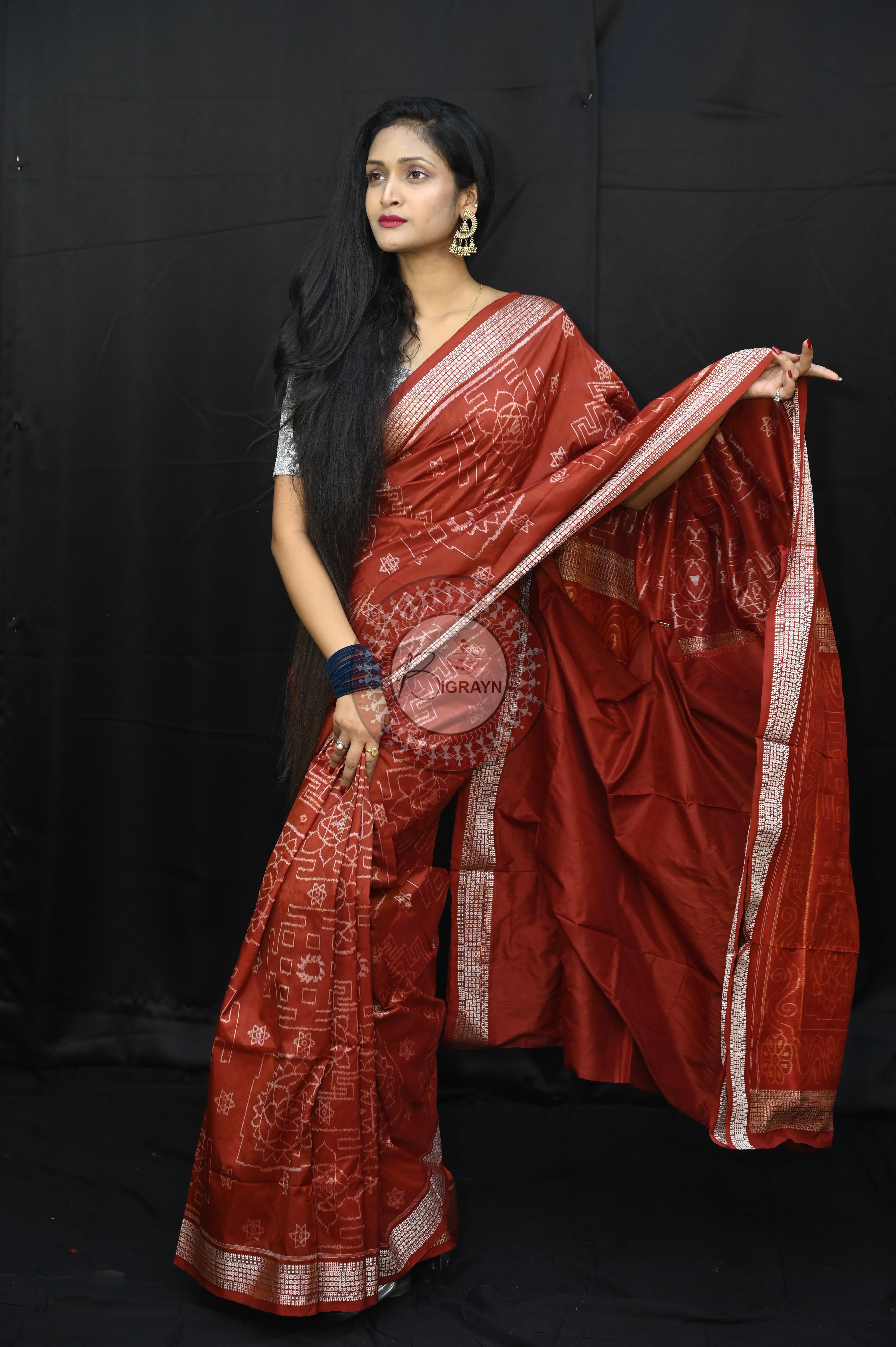 Maroon White Laxmi Yantra Design Natural Dye Sambalpuri Silk Saree