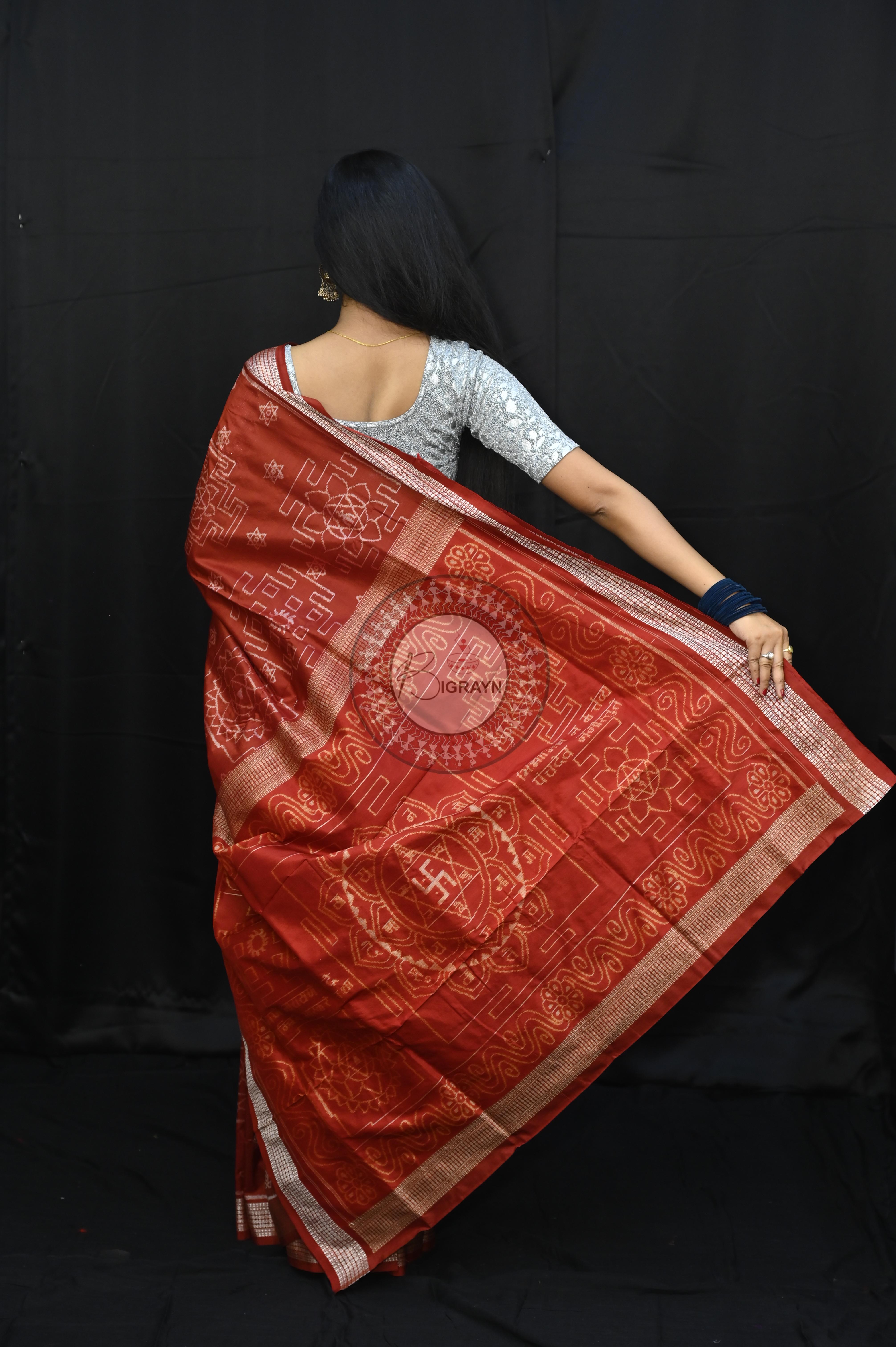 Maroon White Laxmi Yantra Design Natural Dye Sambalpuri Silk Saree