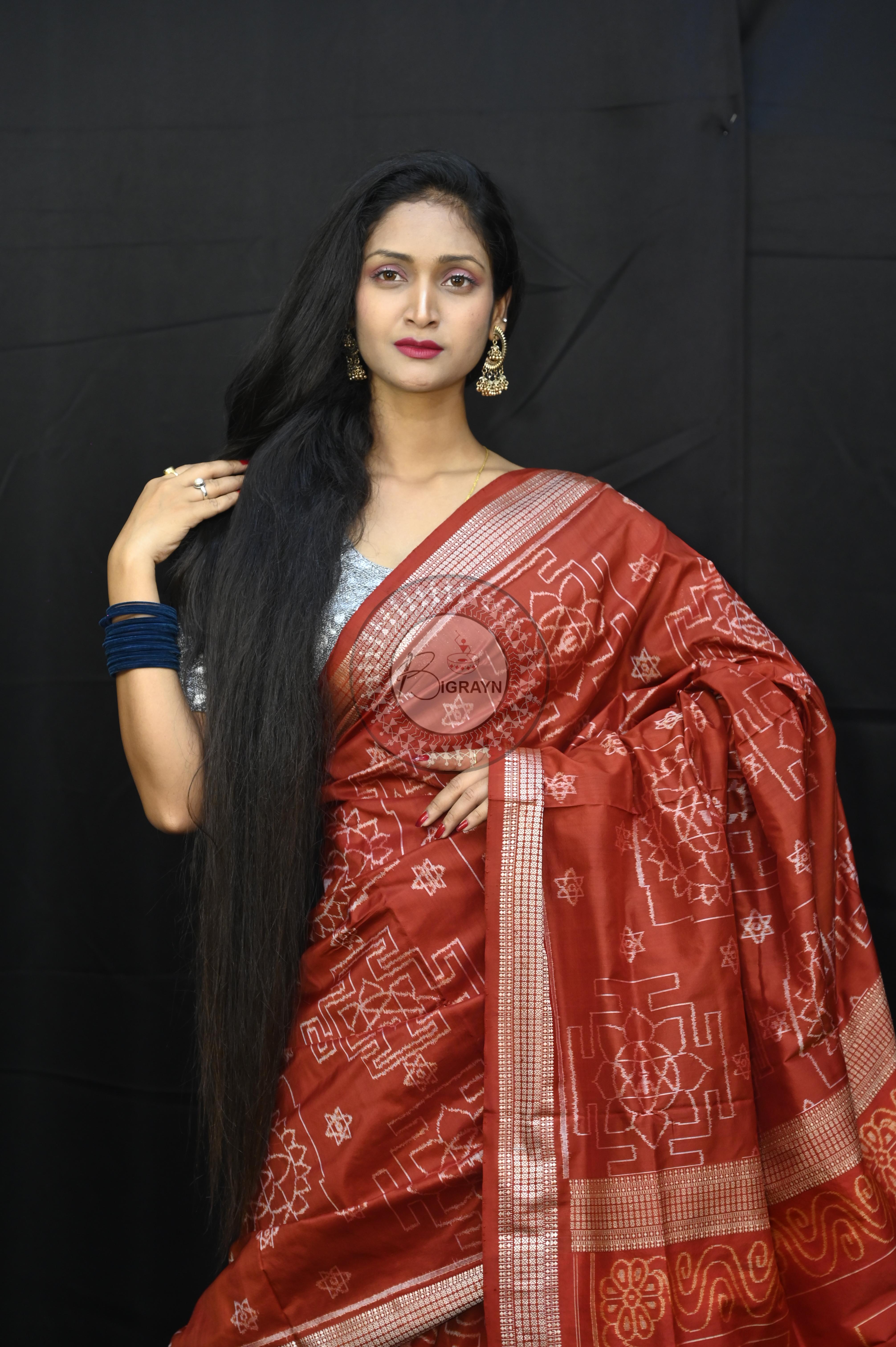 Maroon White Laxmi Yantra Design Natural Dye Sambalpuri Silk Saree