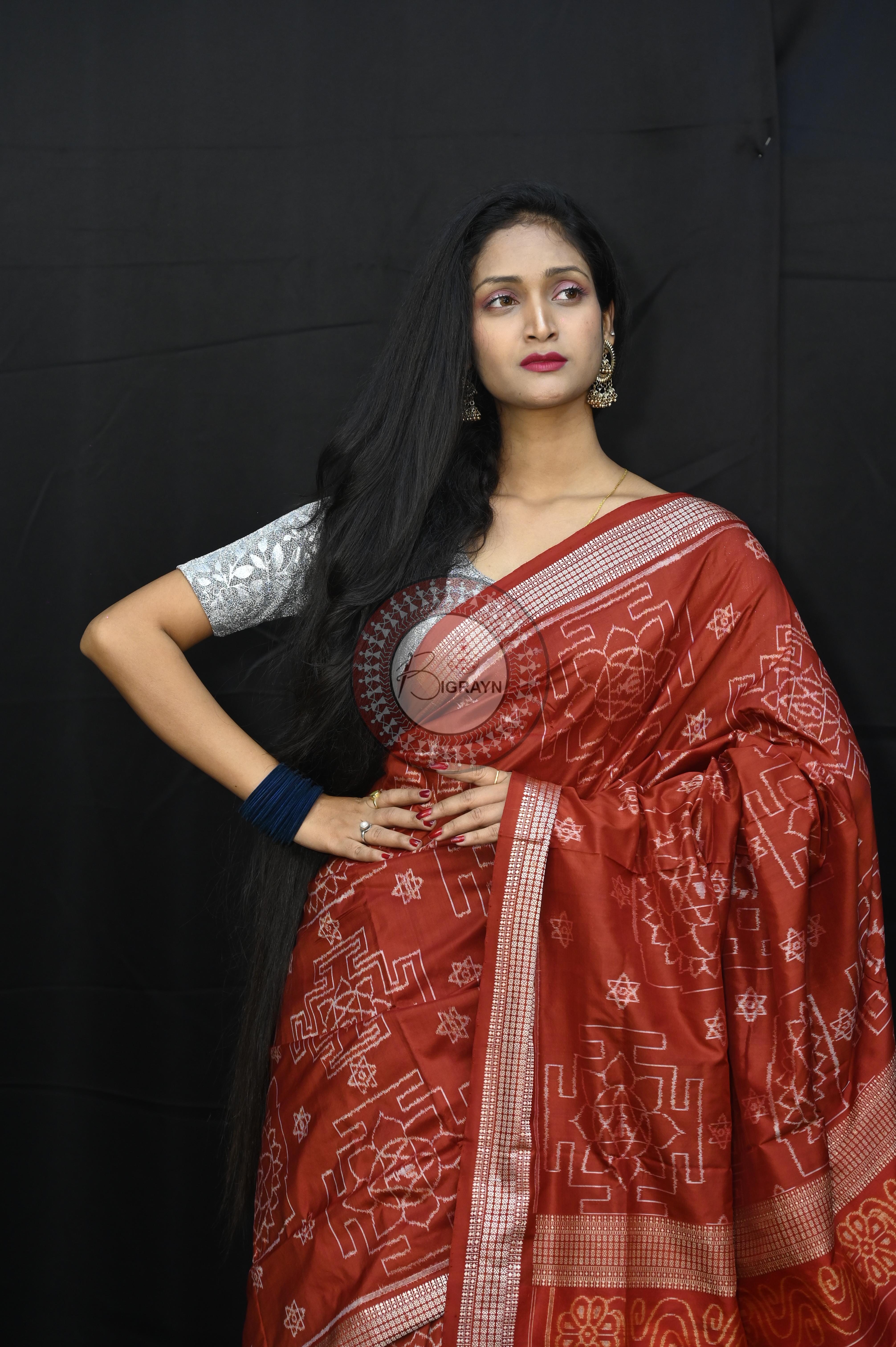 Maroon White Laxmi Yantra Design Natural Dye Sambalpuri Silk Saree
