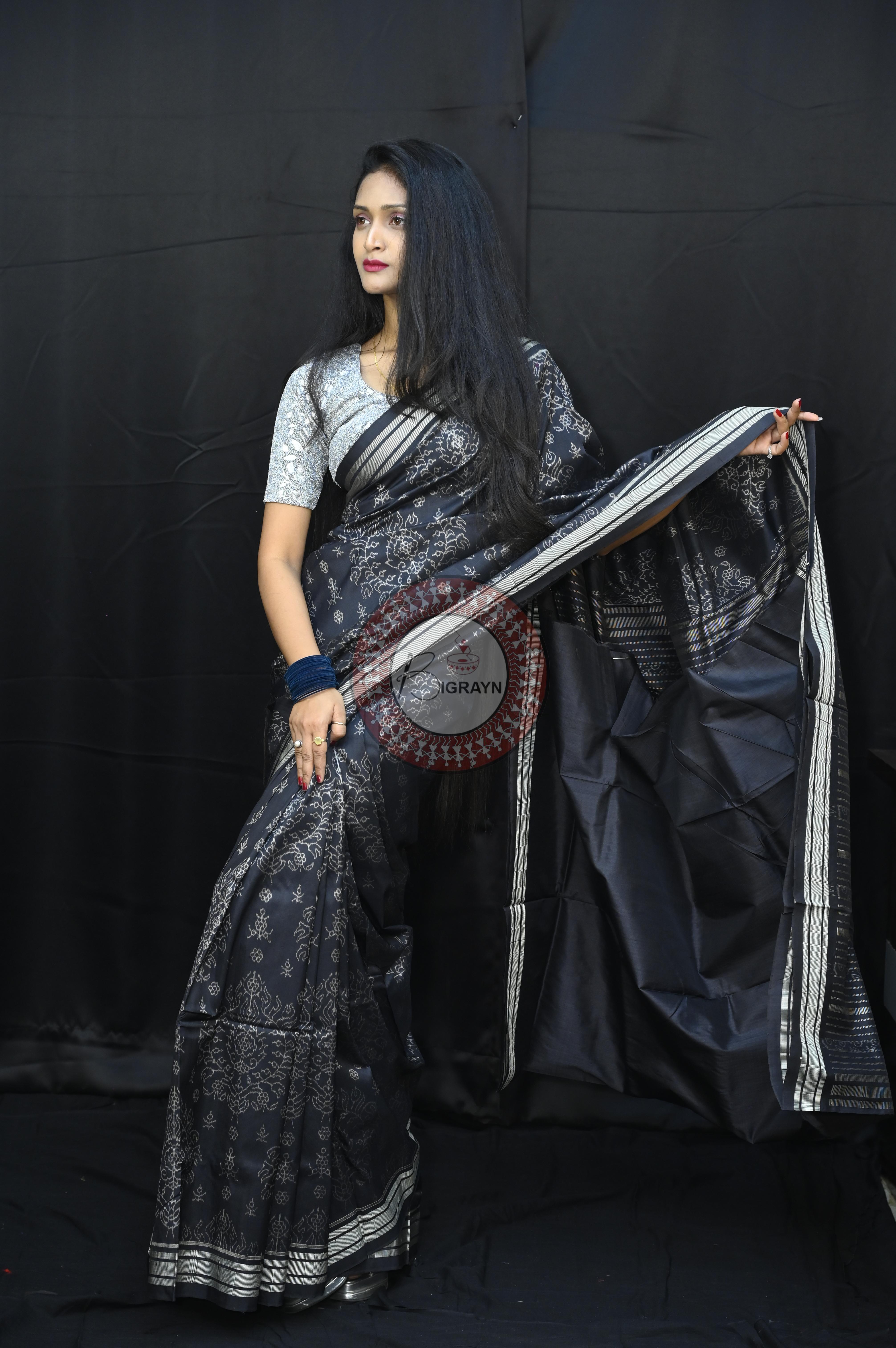 Black Padmaja Natural Dye Sambalpuri Silk Saree