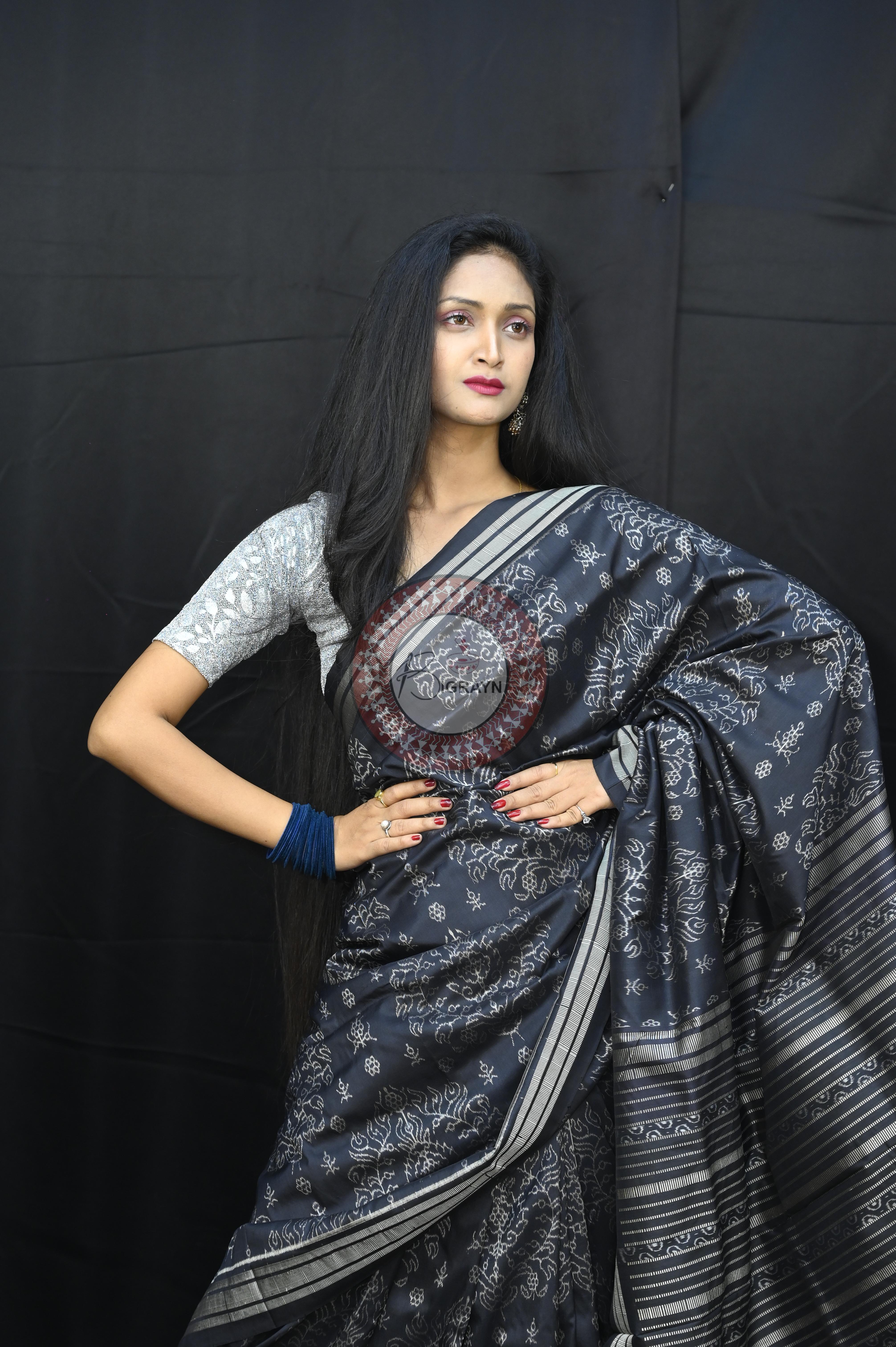 Black Padmaja Natural Dye Sambalpuri Silk Saree