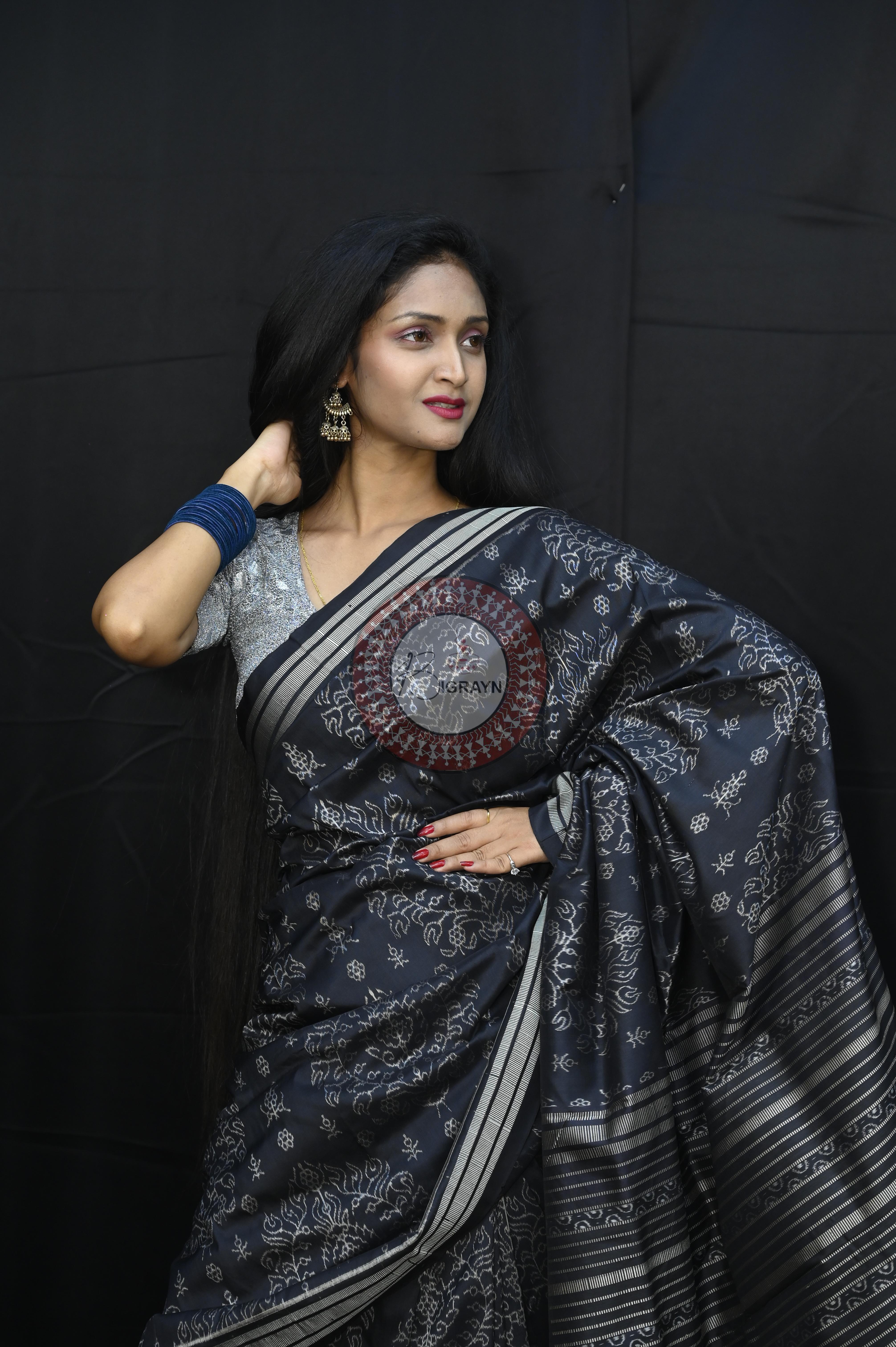 Black Padmaja Natural Dye Sambalpuri Silk Saree
