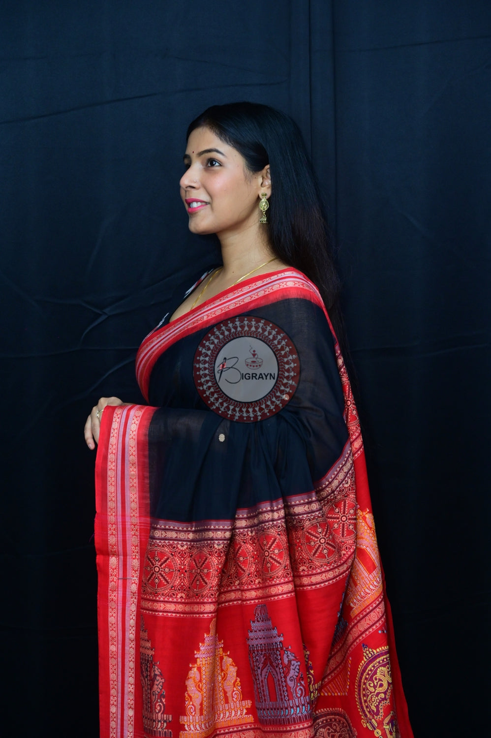 Black Red Konark Jaala Sambalpuri Cotton Saree
