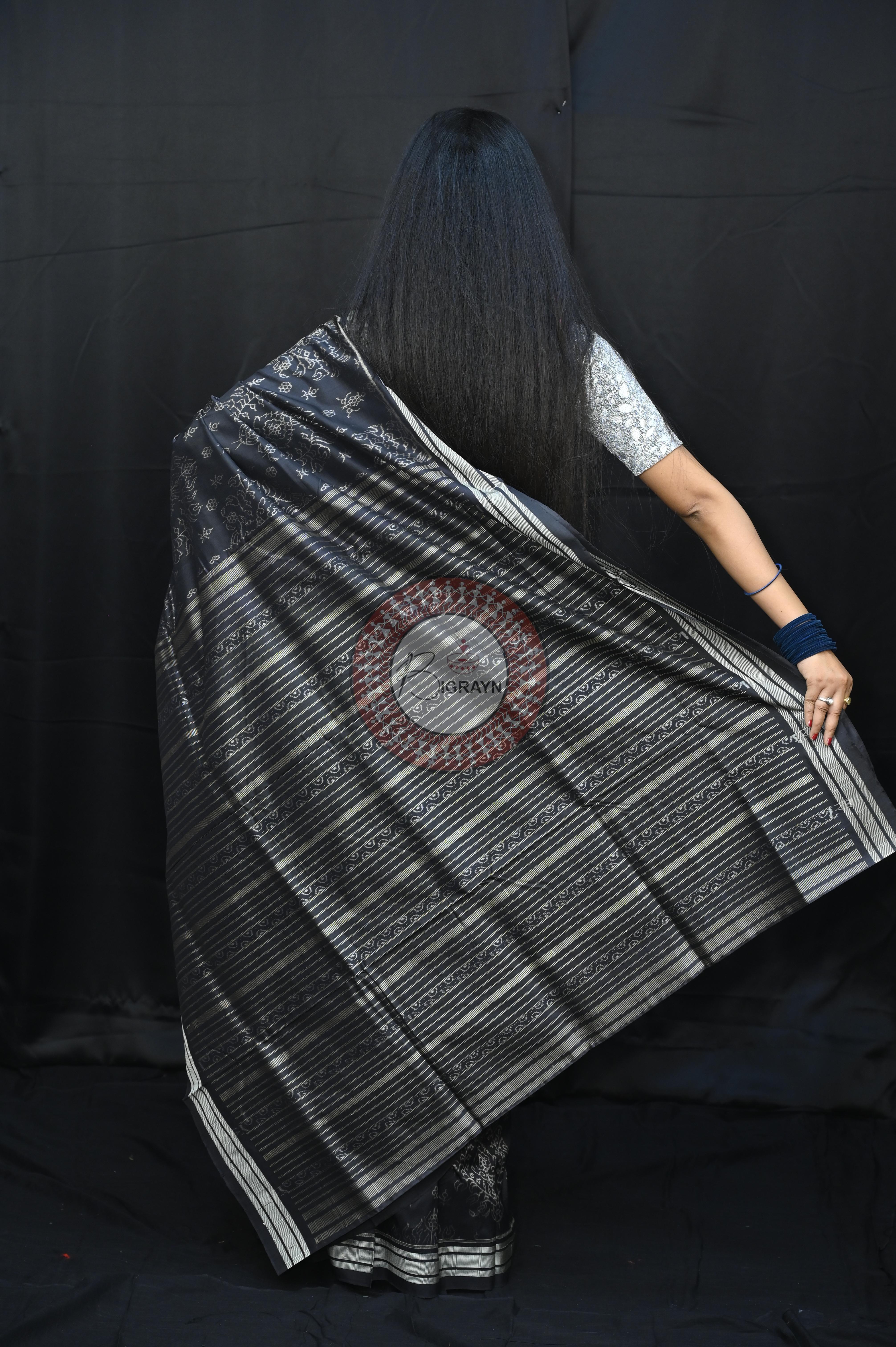 Black Padmaja Natural Dye Sambalpuri Silk Saree