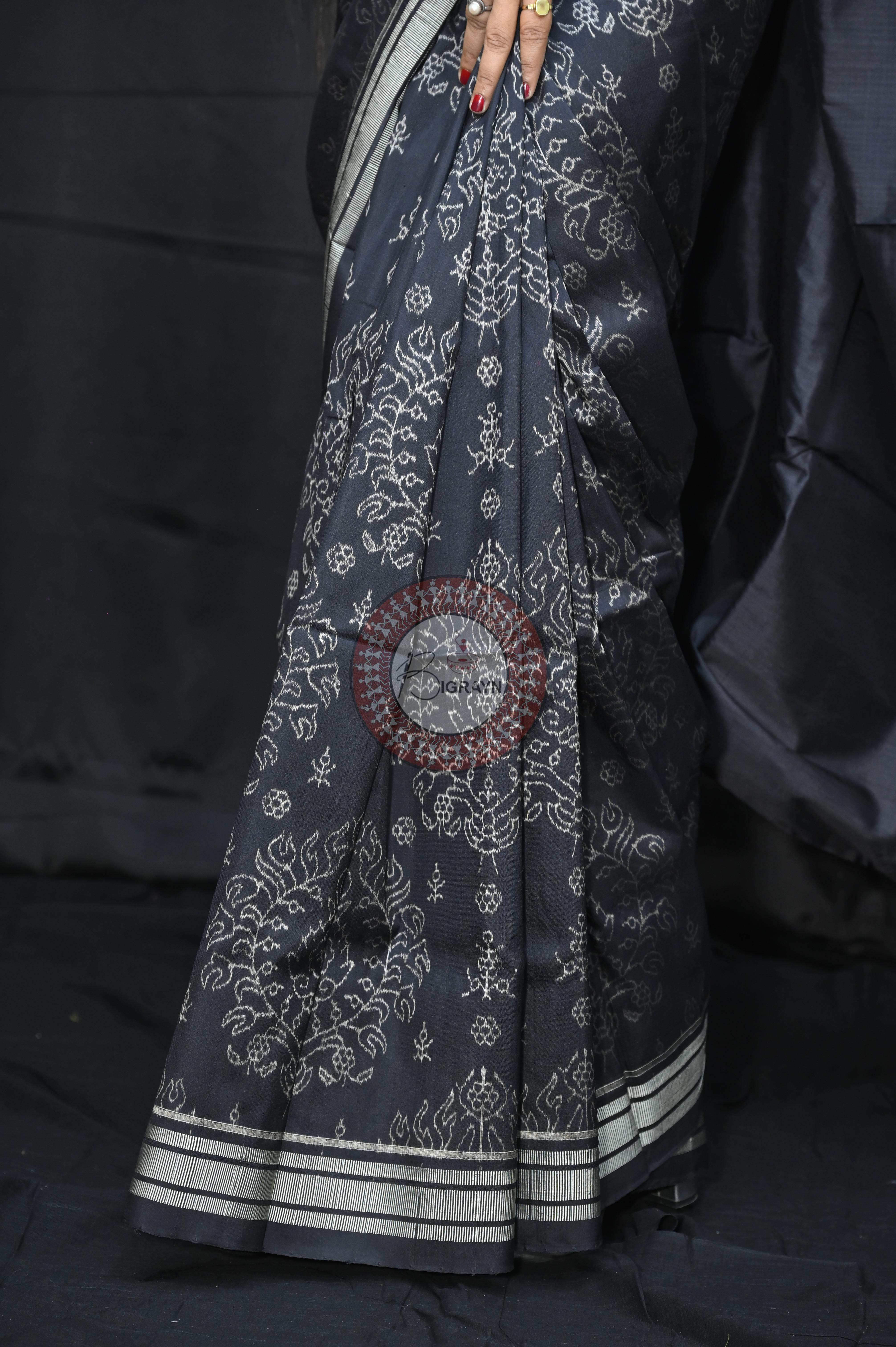 Black Padmaja Natural Dye Sambalpuri Silk Saree